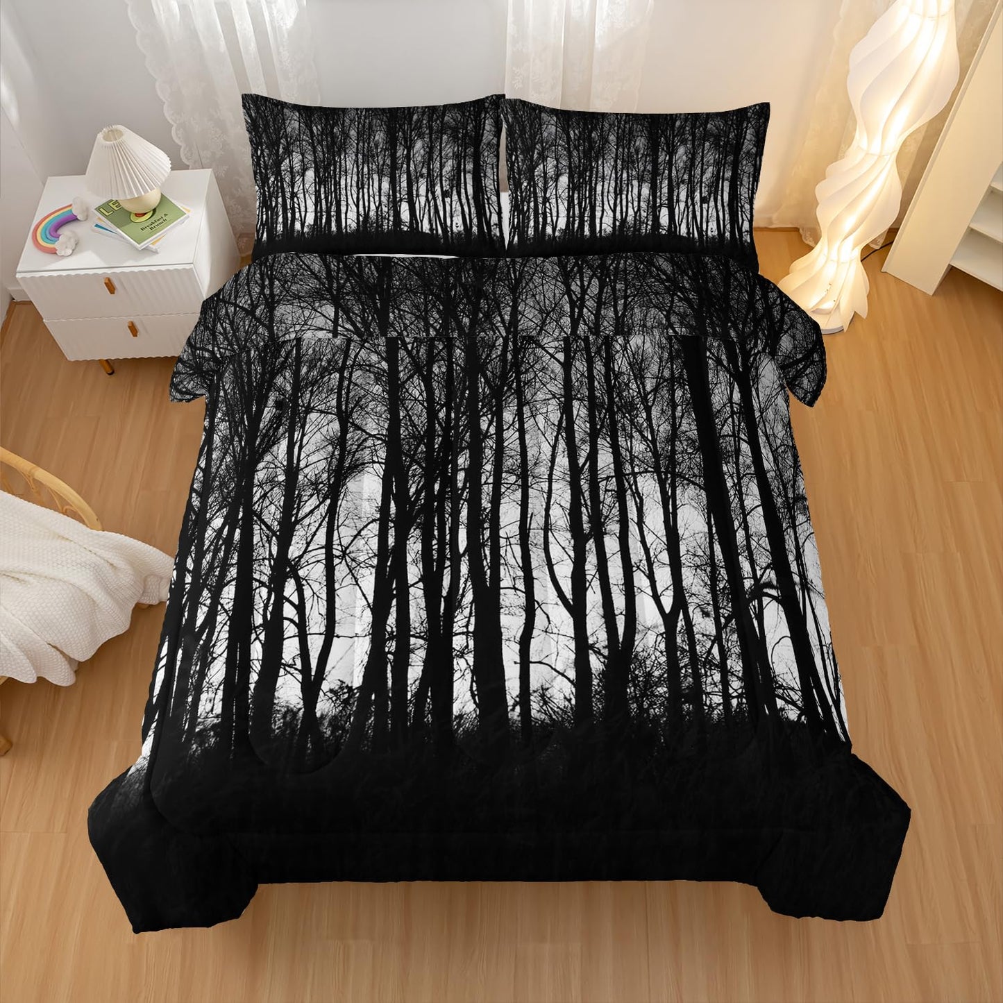 Nttopship Grey Landscape Rustic Woodland Pine Tree Bedding Comforter Sets Twin Size Rustic Farmhouse Bedding Set for Teens Adults Men Bedroom,High Mountain Quilt with 2 Pillow Shams