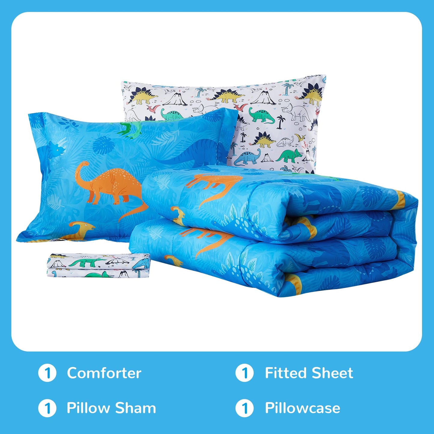 Viviland Kids Twin Bedding Sets for Boys, Soft Twin Comforter Set with Sheets, 5 Pieces Microfiber Bed in a Bag, Blue Dinosaur
