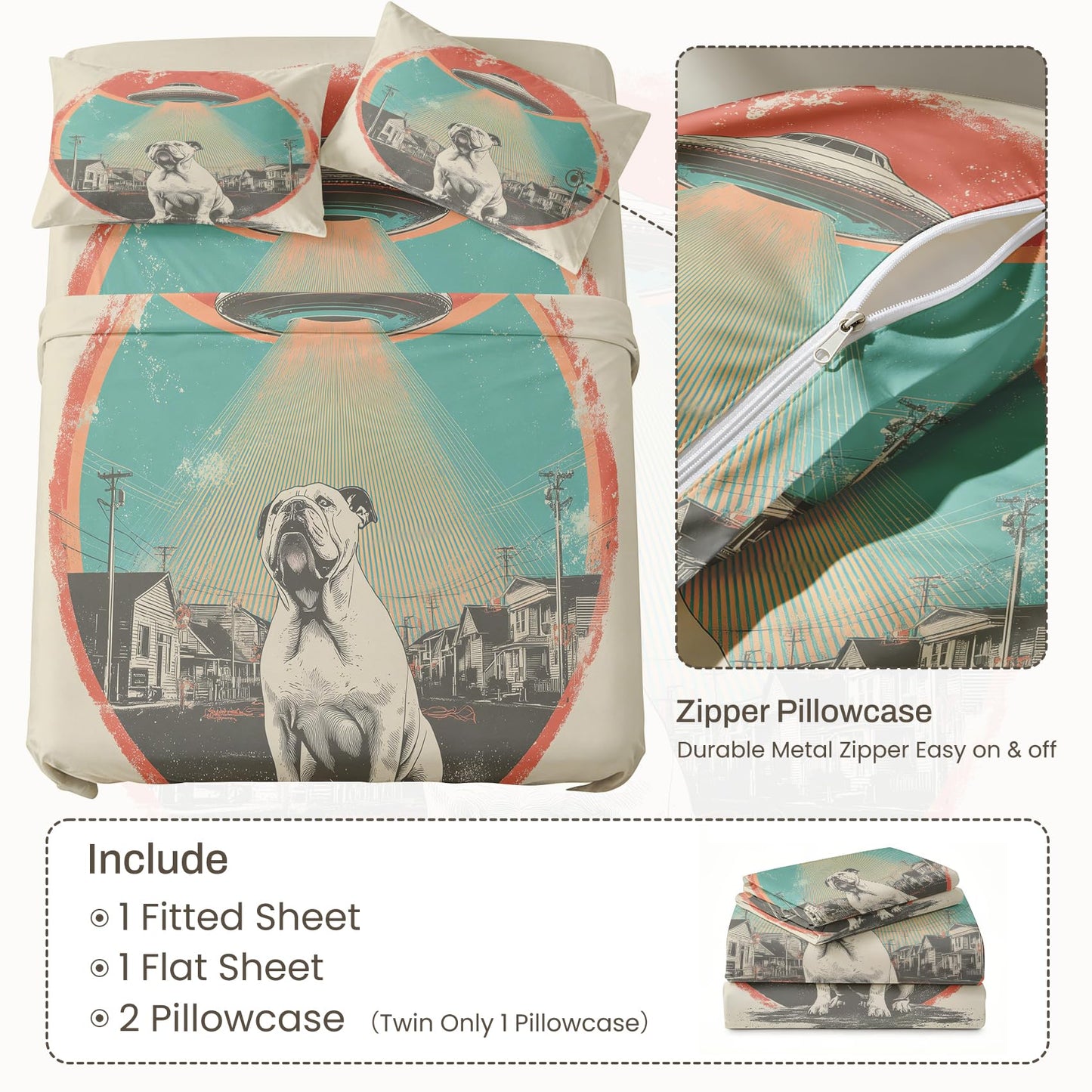 Bulldog Bedding Set 4 Pcs Kids UFO Queen Sheets