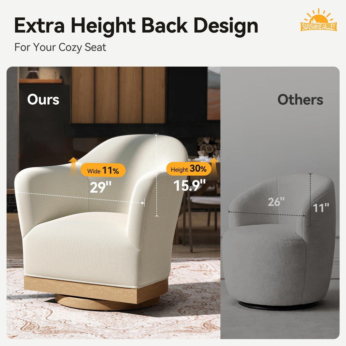 SUNSHINE VALLEY Swivel Accent Chair, High-Back Barrel Chair with Reinforced Hardwood Frame, 360°Swivel for Living Room, Armchair with 400 lbs Capacity, No Assembly Required, Off-White