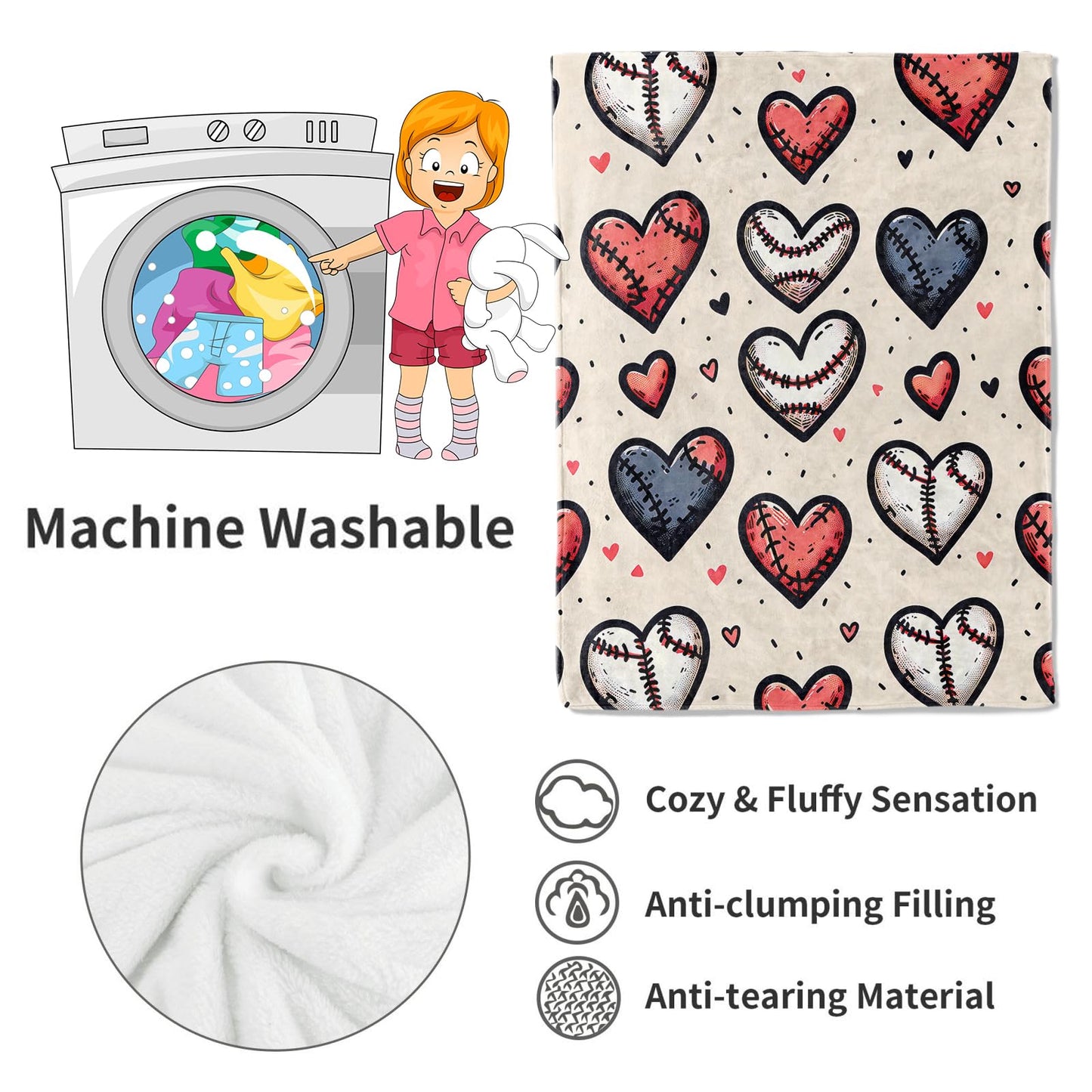 VODRM Baseball Hearts Blanket Sport Lovers Throw Blankets Gifts for Kids Adult Lightweight Soft Fleece Cozy for Sofa Couch Bed Room Travel Birthday Party Decor 50x60in