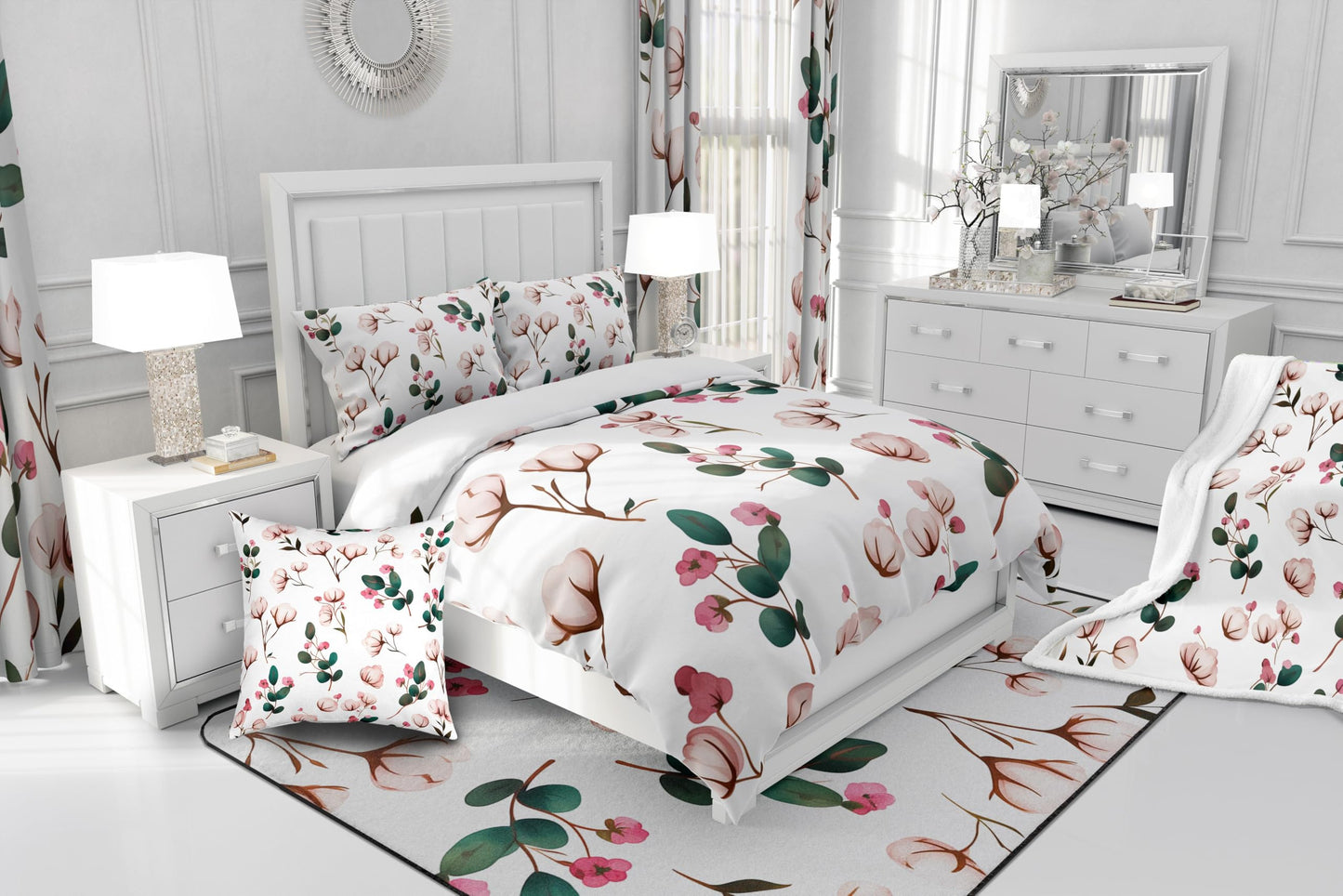 Erosebridal White Pink Cotton Bed Set,Cute Wool Print Bedspread Cover,Farmhouse Botanical Floral Duvet Cover,Branche Flowers Comforter Cover with 1 Pillowcase Twin Size