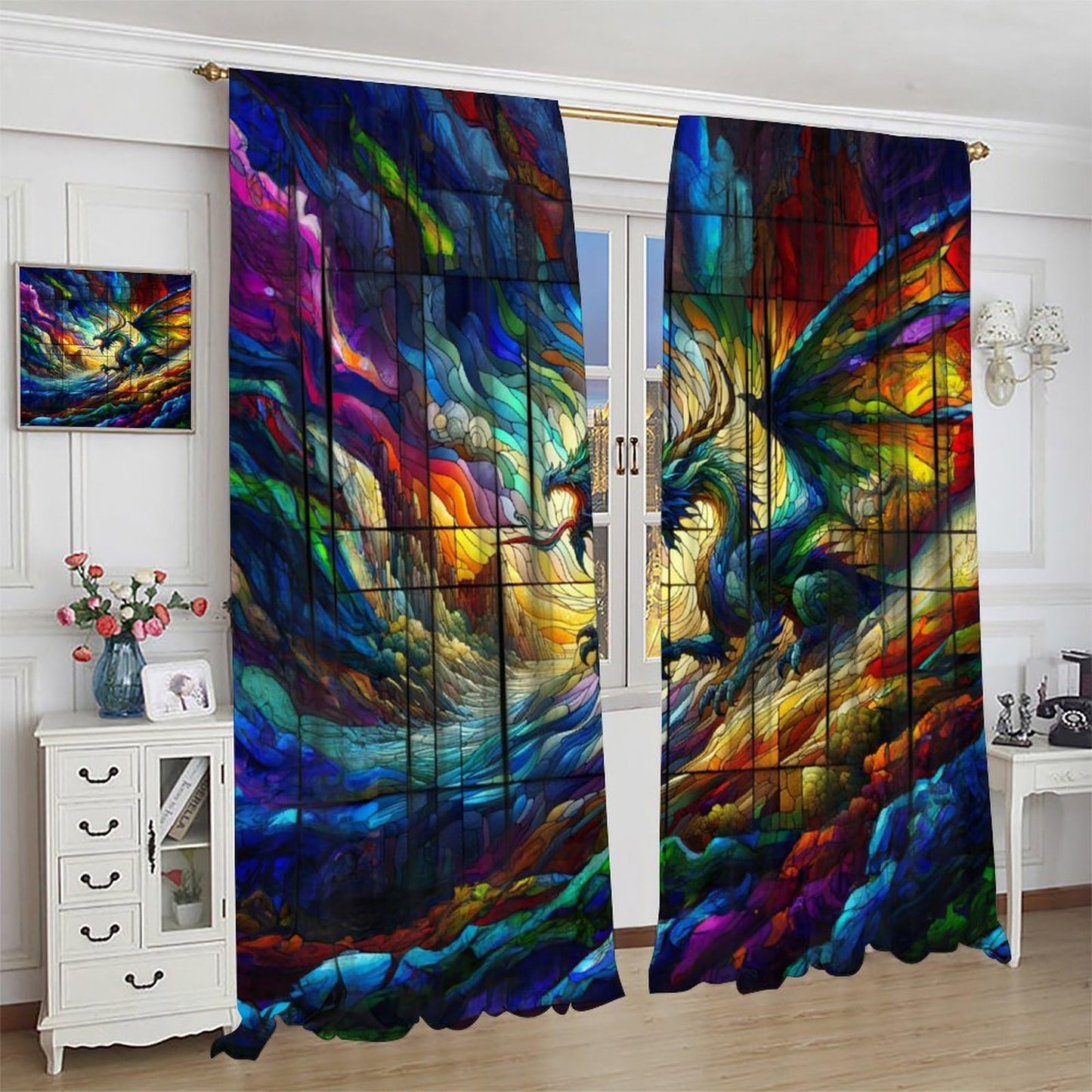 FengMingRui Dream Stained Glass Curtains Fantasy Dragon Rainbow Colorful Clouds for Kids Boys Girls Bedroom Living Room Window Drapes 42" W X 45" L
