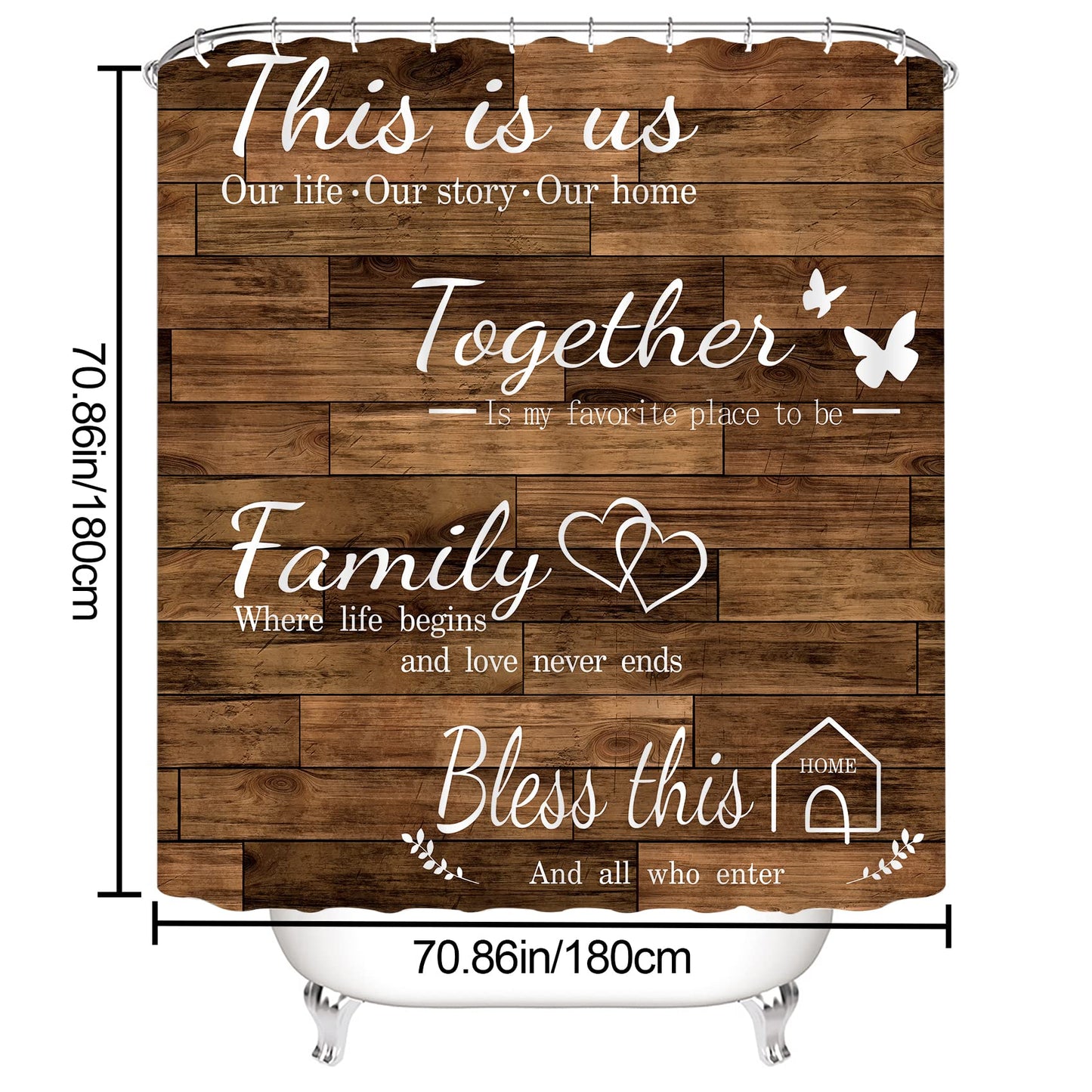 juwute 4Pcs Family Shower Curtain Sets with Non-Slip Rugs, Toilet Lid Cover and Bath Mat, Brown Home Bathroom Decor Set Accessories Waterproof Shower Curtains with 12 Hooks, 72 x 72 Inch