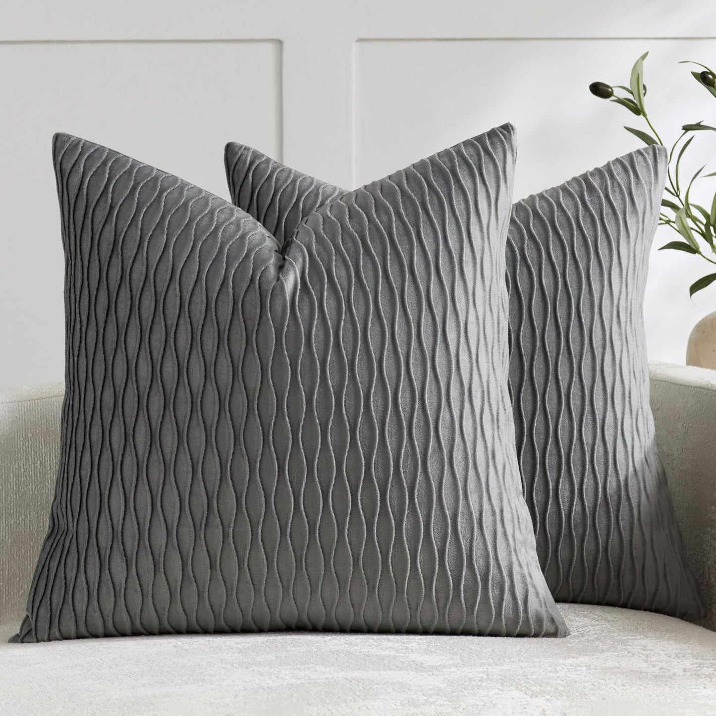 DEZENE Grey Vertical Ripple Striped Decorative Pillow Cases: Pack of 2 18x18 Inch Velvet Square Throw Pillow Covers for Farmhouse Couch Sofa Bed Living Room Home Decor