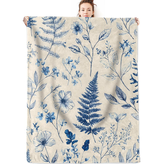 olpddz Botanical Flannel Blanket Gifts for Nature Lover,60x50inch,Blue Plant Throw Blankets with Vintage Floral and Fern on Cream Background,for Bedroom,Sofa,Living Room,Camping Home Decor Throws