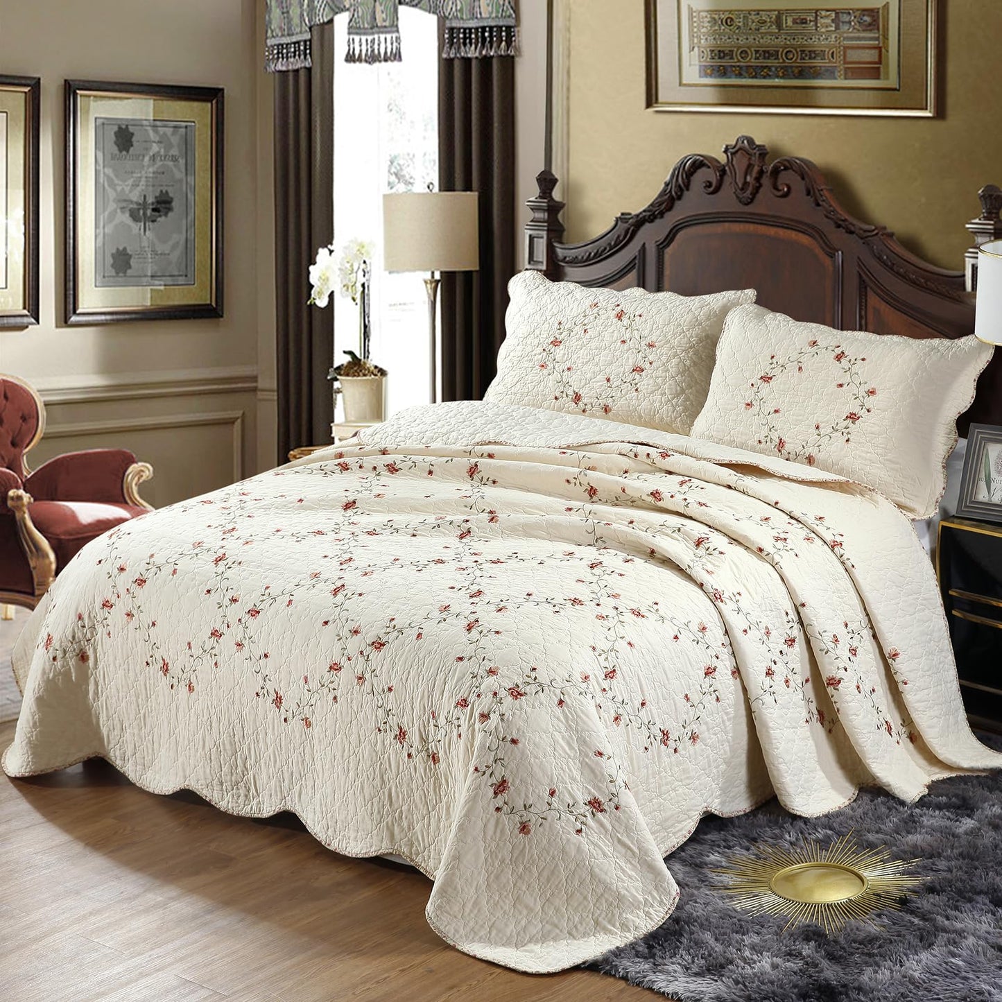 vctops 3-Piece Floral Embroidered Bedspread Coverlet Set Oversize Queen 100% Cotton Reversible Patchwork 1 Quilt and 2 Pillow Shams (Flower,Oversize Queen)