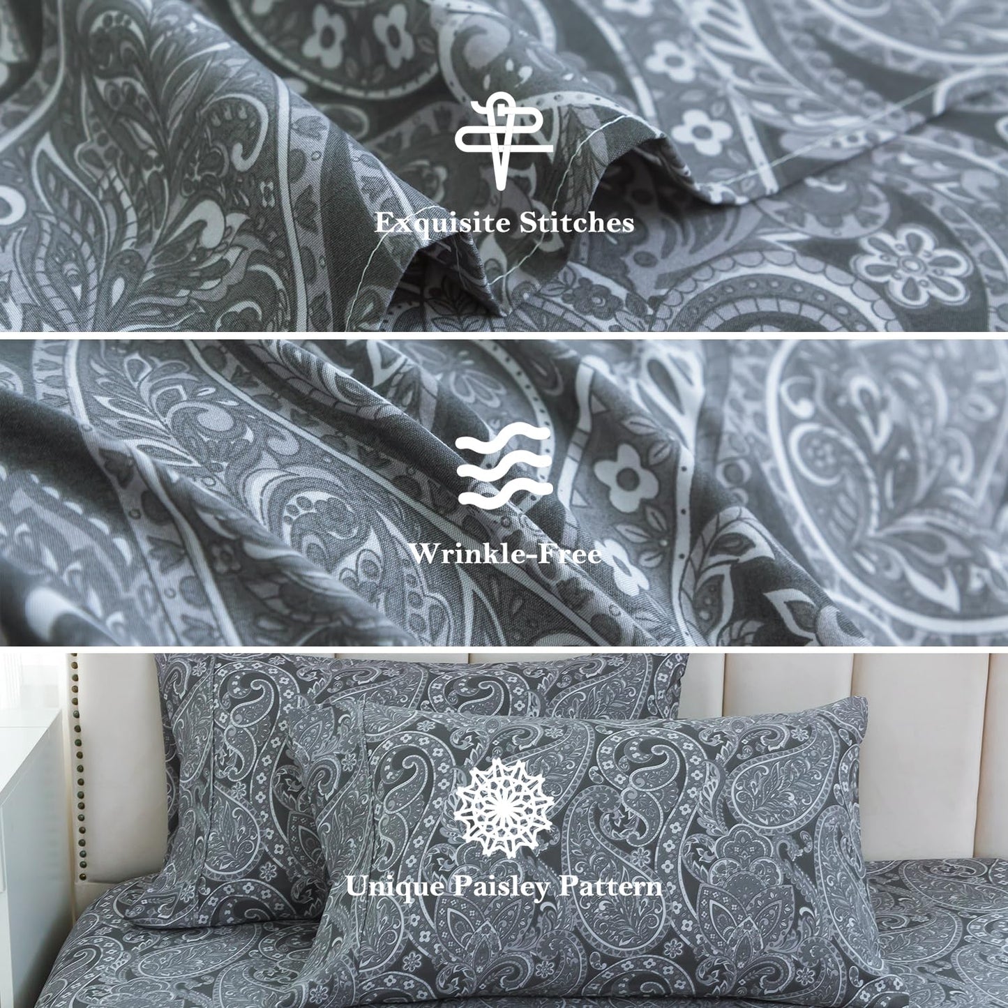 KACEMOO Bed Sheets California King Size Gray Paisley Sheets Printed Floral Sheet Set Flower Pattern Deep Pocket Fitted Bed Sheets Microfiber Soft Breathable 1800 Thread Count Double Bedding