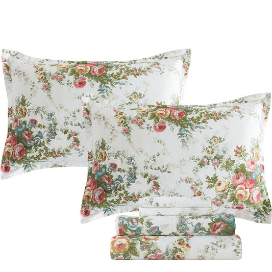 FADFAY Vintage Rose Floral Bed Sheet Set King Size Premium 100% Cotton Shabby Floral Chic Off White Farmhouse Bedding Deep Pocket Fitted Sheet 4-Pieces- 1Flat Sheet, 1 Fitted Sheet, 2 Pillowcases