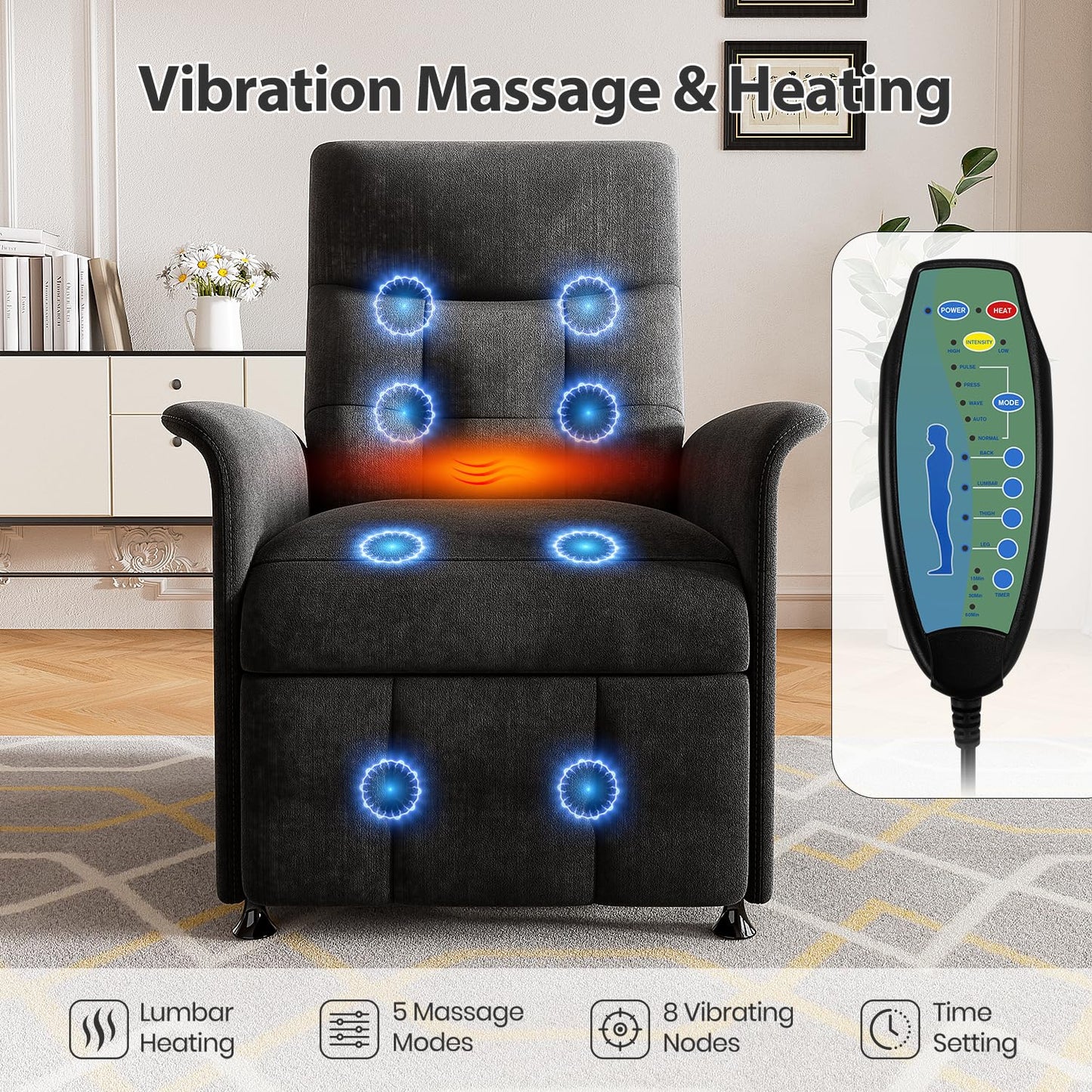 LegacyAmerhome Power Recliner Chair for Adults with Heat & Massage - Soft Fabric Electric Reclining Sofa with Remote Control, 3 Side Pockets, 180° Lay Sleeper for Home Theater Living Room, Black