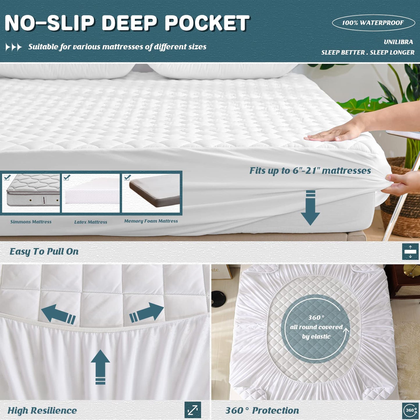UNILIBRA Queen Mattress Protector Waterproof, Deep Pocket Mattress Pad Cover Fits to 6''-21'', Breathable Hollow Cotton Filling Quilted Mattress Protector for Queen Size