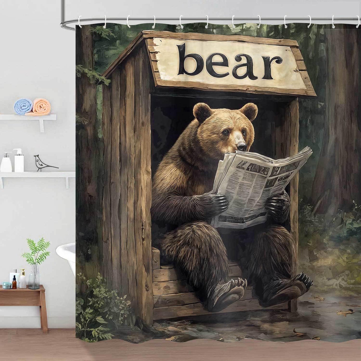 Dizifinn Rustic Bear Shower Curain, Country Cabin Woodland Bear Bathroom Accessories, Farmhouse Hunting Camp Fabric Shower Curtains for Bathroom Decor, with Hooks 72x72 Inch