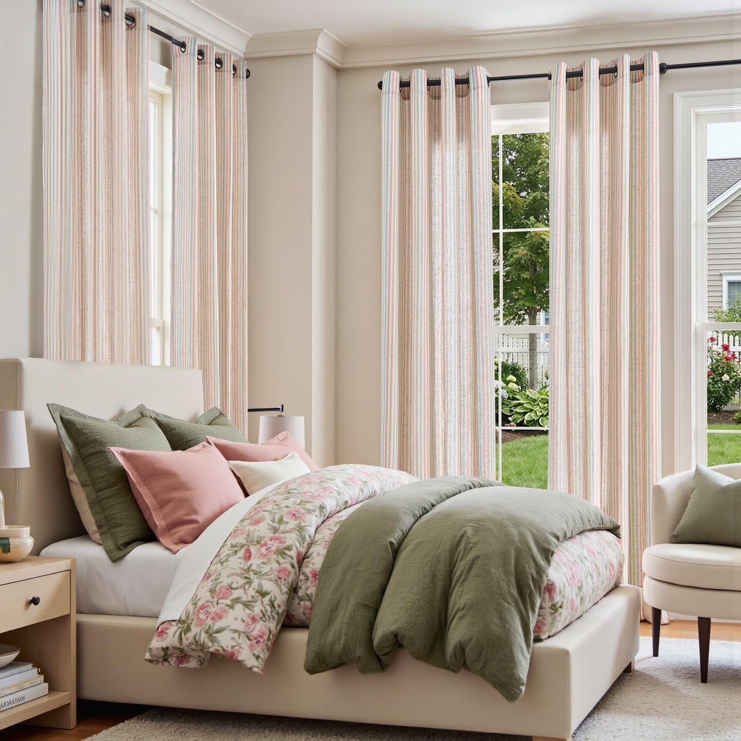 jinchan Linen Curtains for Living Room Candy Striped Curtains 84 inch Length for Baby Girls Kids Room Ticking Stripe Pattern Light Filtering Nursery Drapes Grommet Window Treatments 2 Panels Candy