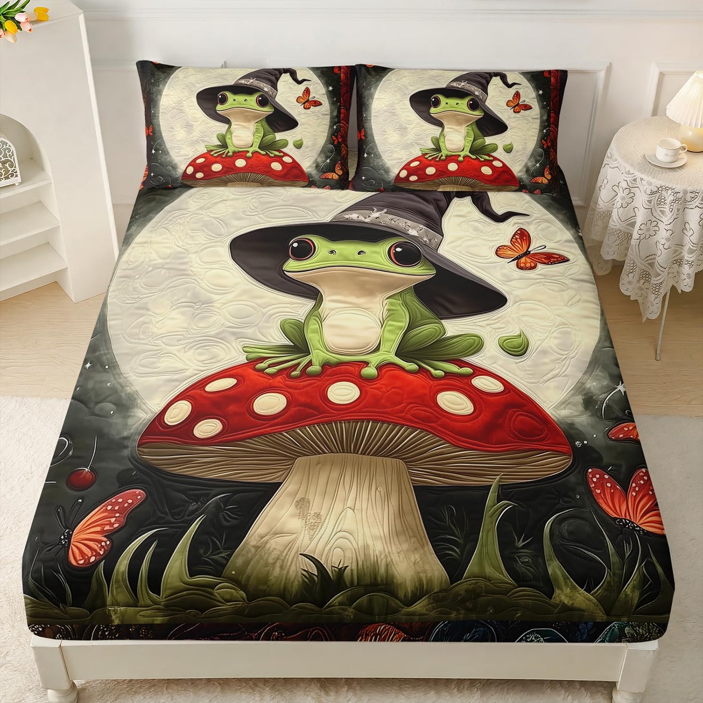 HOSIMA Frog Fitted Sheet Full,Frog Wearing Witch Hat Sitting on Mushroom,Butterfly Pattern Aesthetic Cute Bedding for Kids Boys Girls Halloween Room Decor,1 Fitted Sheet+2 Pillowcases.
