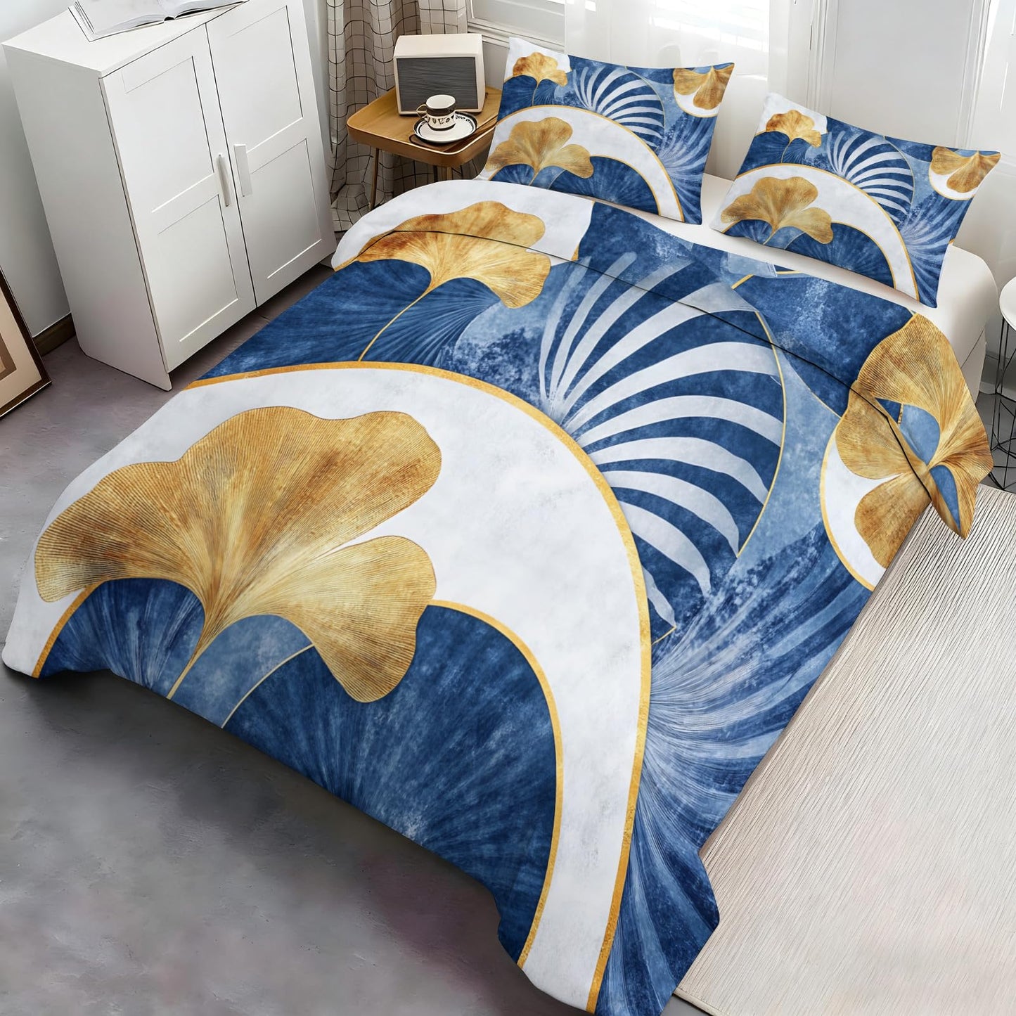 GKPLY Ginkgo Leaves Bedding Sets Full, Blue and Gold Comforter Cover, Elegant Botanical Duvet Cover & Bedroom Decor, Zipper Closure, Reversible Print, Soft Microfiber Bedding Set & 2 Pillow Cases