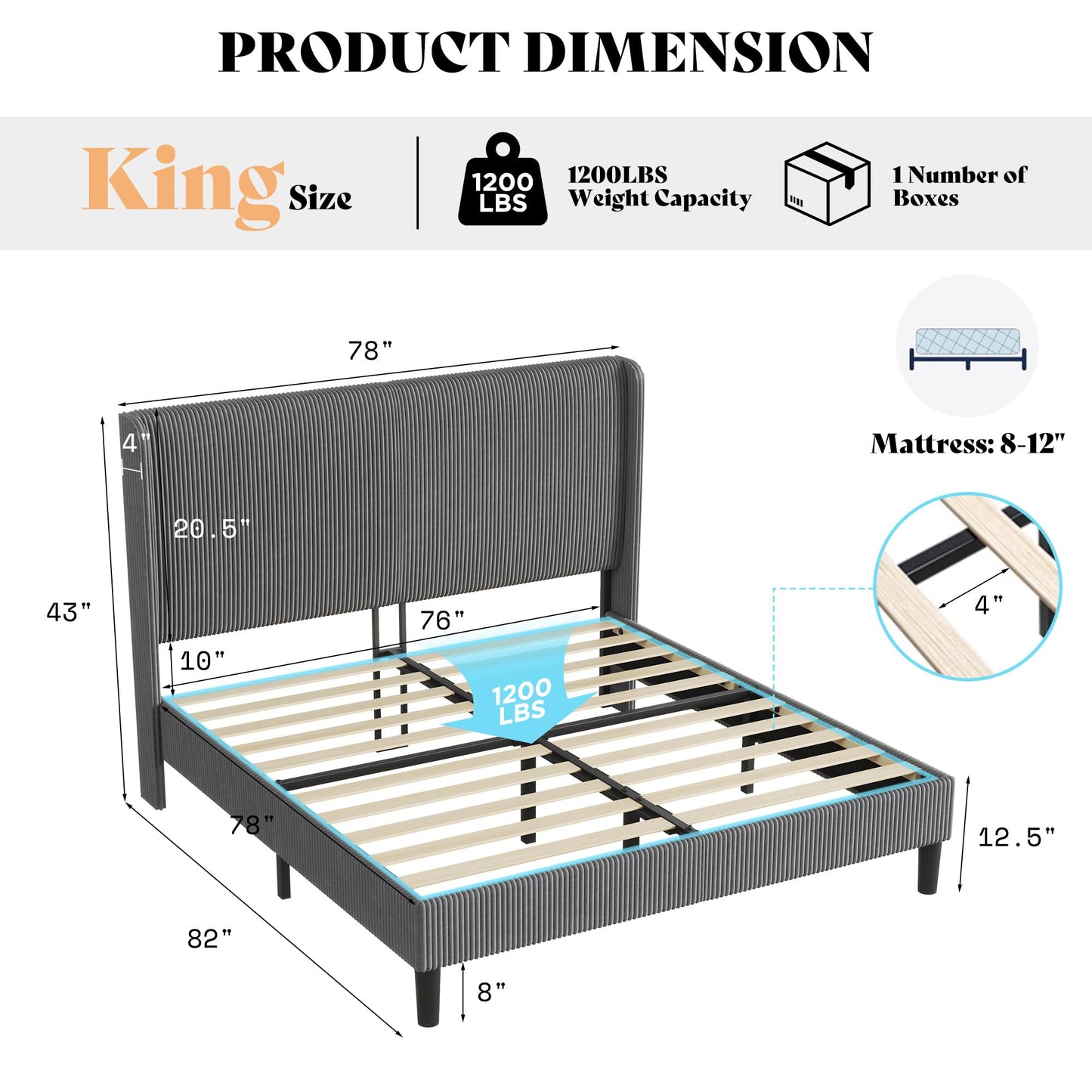 AMERLIFE King Bed Frame, Upholstered Platform Bed with Corduroy Headboard, Easy Assembly Modern Grey Bed Frame with Wooden Slats Support, No Box Spring Needed