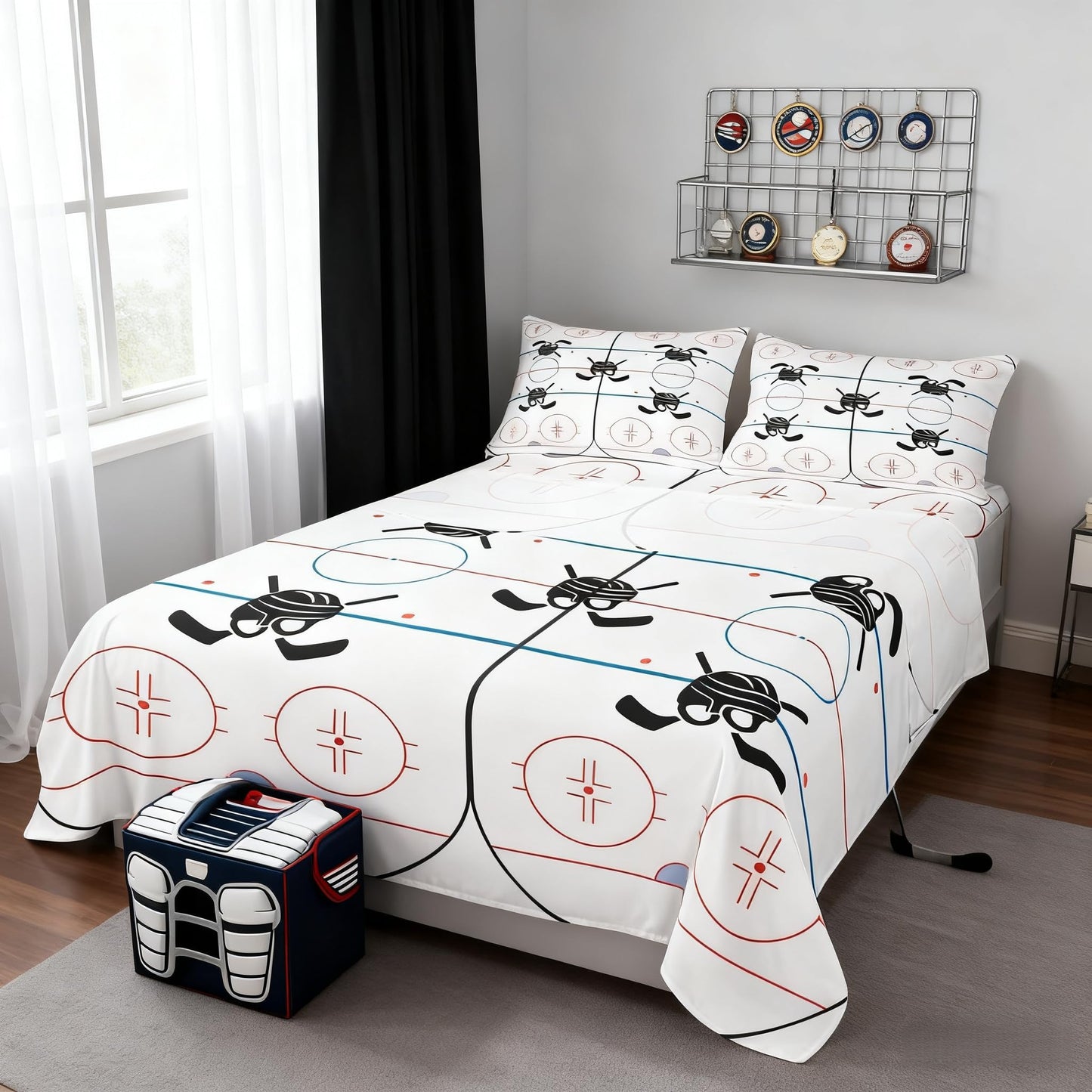 Hockey Stadium Kids Sheet Full Size,Ice Hockey Rink Bedding Set for Boys Girls Adults,Winter Event Sports Lovers Abstract Vivid White Bed Sheet Set 4pcs(Fitted Sheet + Flat Sheet + 2 Pillowcases)