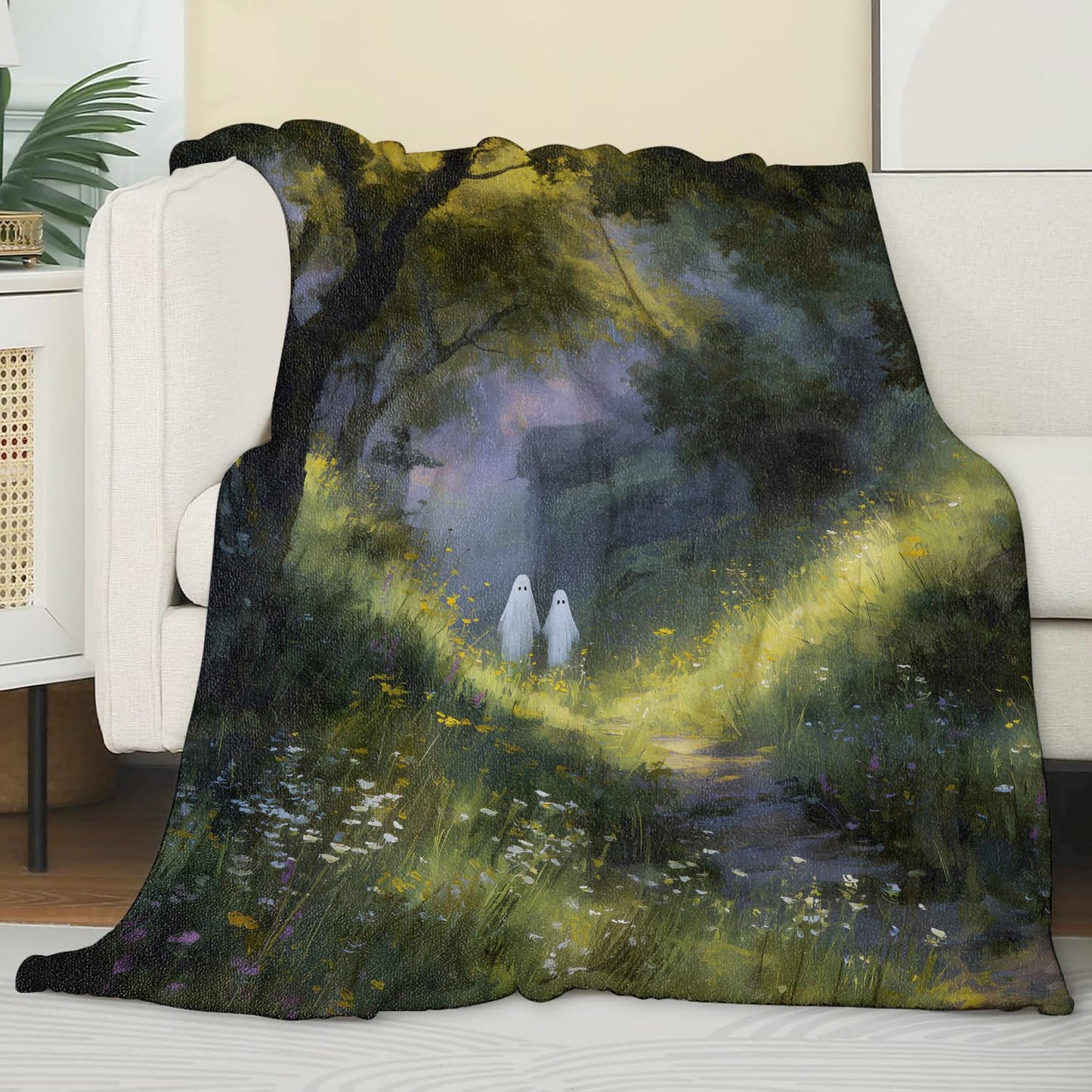 Zeleda Cute Ghost Blanket, Gifts for Fantasy and Holiday Lovers, Lightweight Flannel Throw Blankets, Whimsical Forest Path with Gothic Throws Home Decor, for Couch Living Room Office, 60x50inch