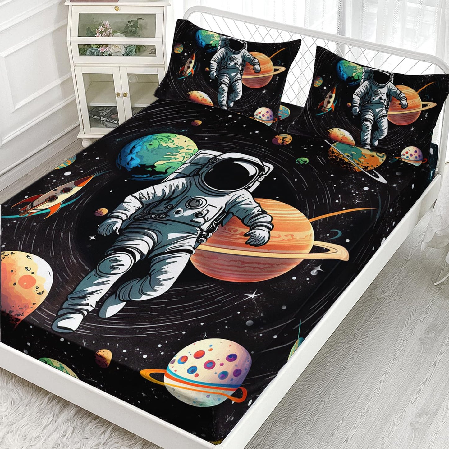 AILONEN Outer Space Fitted Sheet Set Full Size,3D Astronaut Print Bed Sheet Set,Galaxy Bedding Cartoon Planet Rocket Sheet Set 3 Pieces, 1 Fitted Sheet and 2 Pillowcases