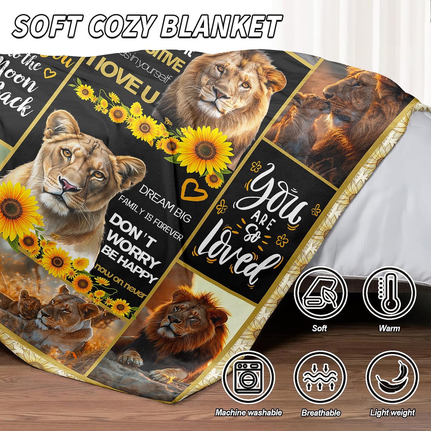 XSMEI Lion Throw Blanket, Sunflower Motivational Quotes, Soft Cozy Fleece Blanket for Couch Bed, 60 x 80 Inches