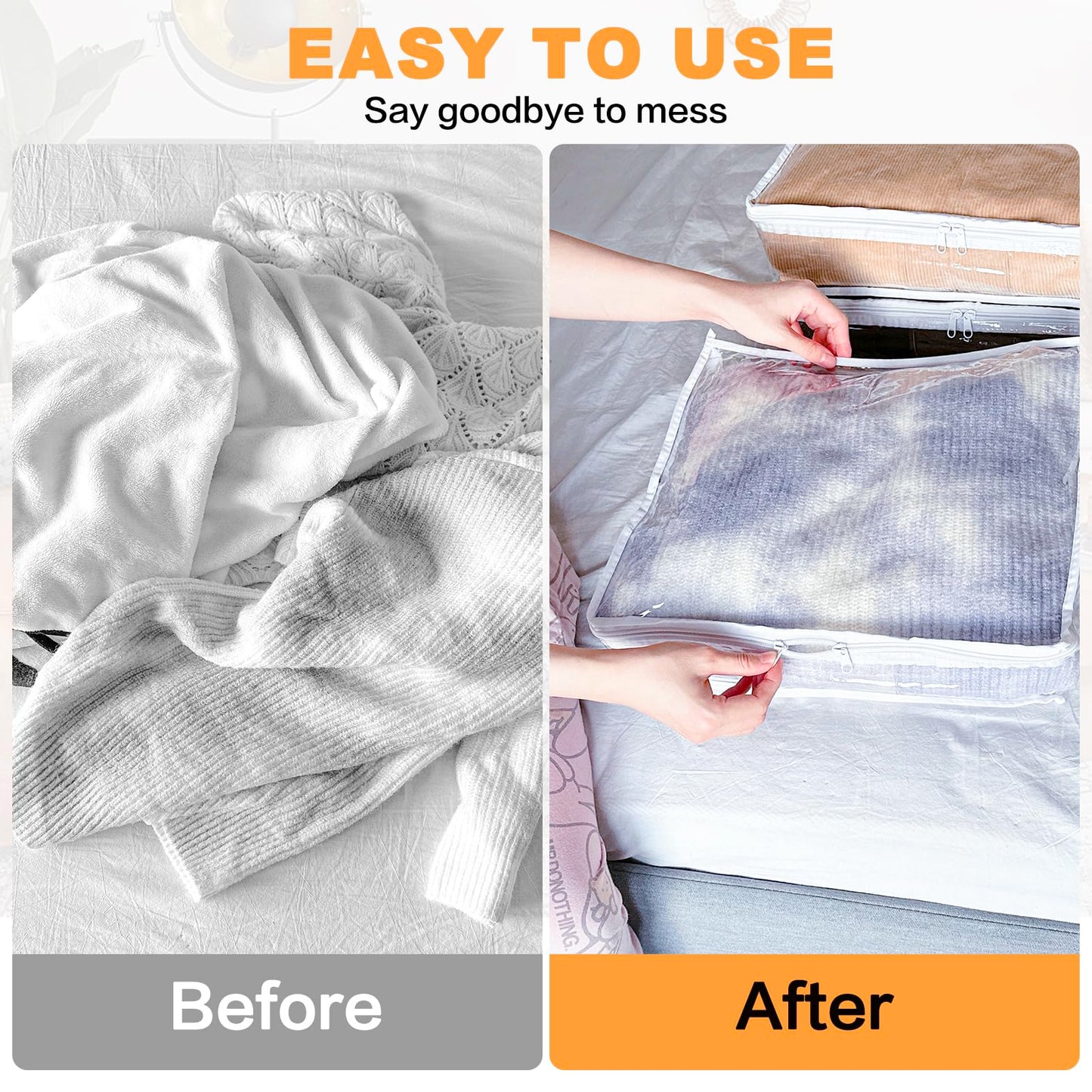 Heonay Clear Zippered Storage Bags Plastic Sweater Storage Bags with Zipper 6 Packs Clothing Organizer for Blankets Linen Sweater Bed Sheet Quilt Clothes Pillow (15.7 x 13.8 x 3.9 Inch, White)