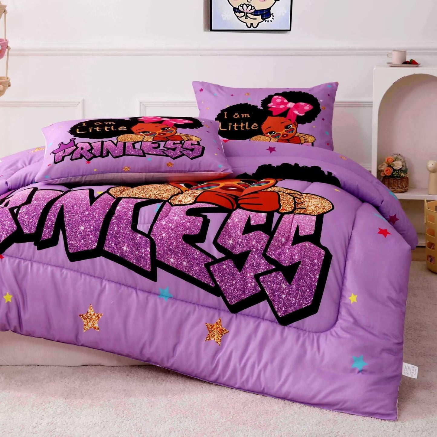 GRAT TIOC Little Black Girl Comforter Sets Twin Size,Black Girl Magic Bedding Set,Cute Little Princess Comforter Set for Kids Melanin Bedroom Bed Sets