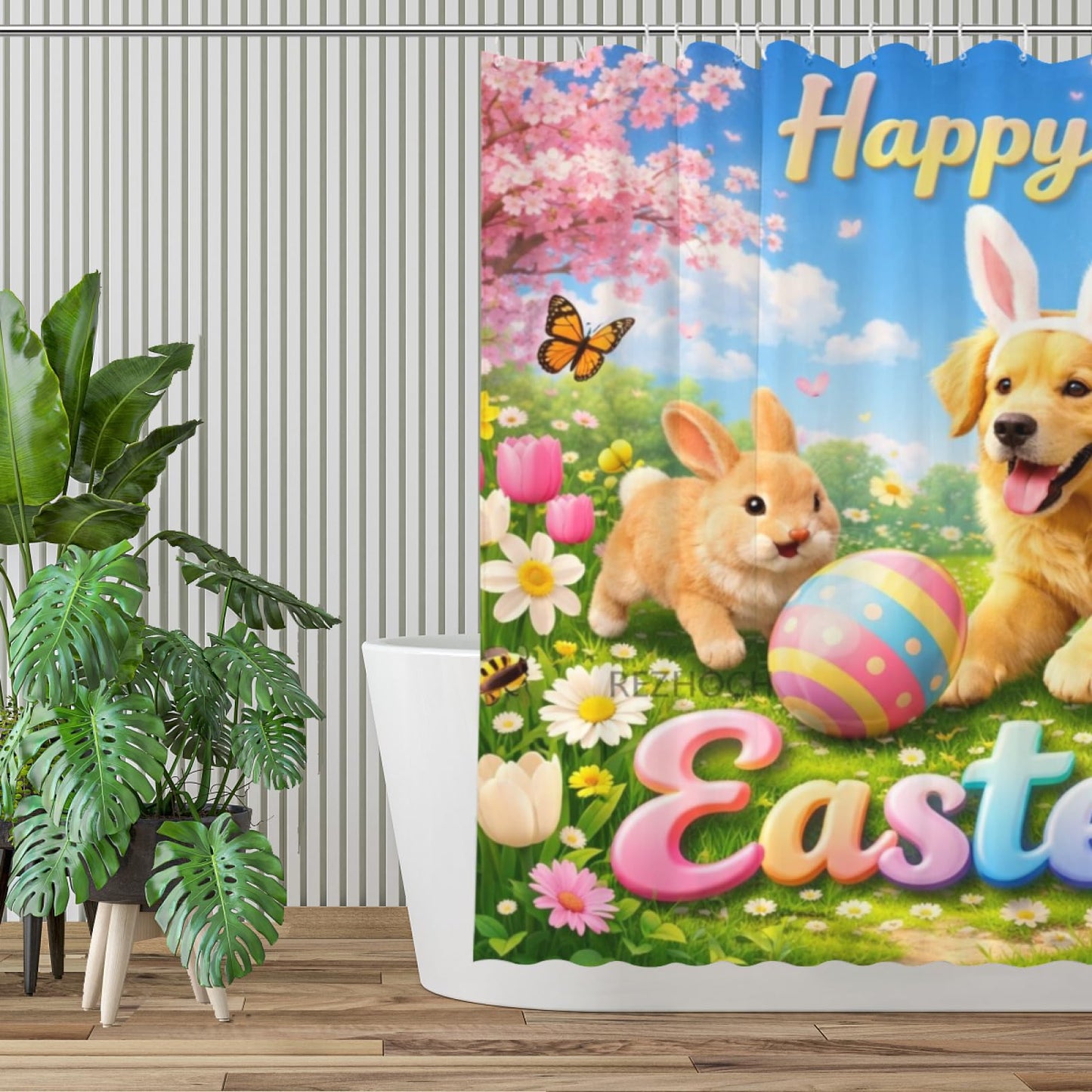 REZHOCH Easter Funny Golden Retriever Shower Curtain 72x72 Inch,Spring Garden Home Bathroom Decor,Cute Bunny Easter Eggs Floral Farmhouse Waterproof Fabric Holiday Bath Set with Hooks