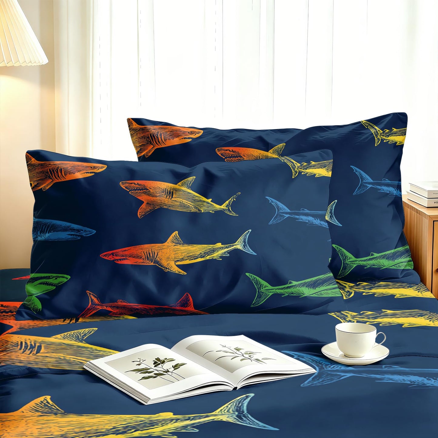 Shark Bedding Set 4 Pcs Marine Life King Sheets, Navy Blue
