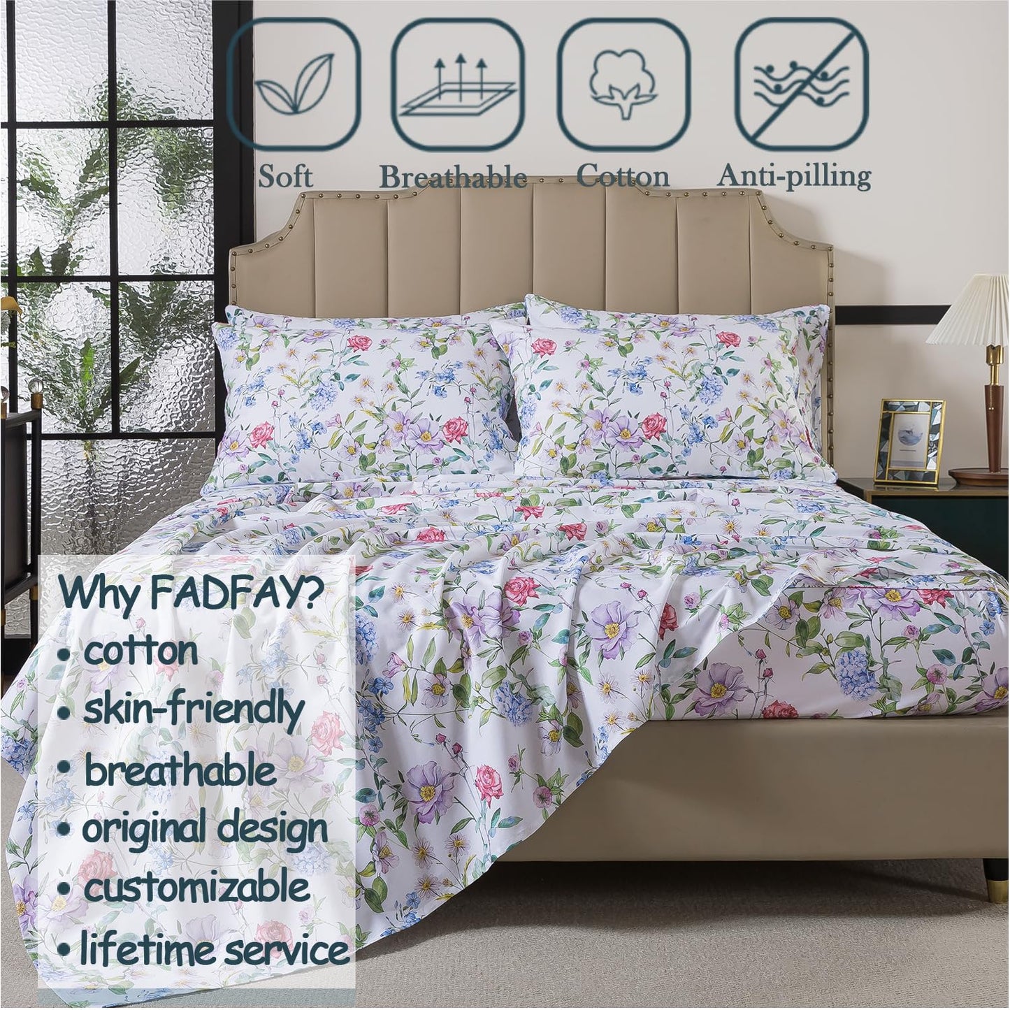 FADFAY Garden Floral Queen Sheet Set, 100% Cotton Botanical Print Bedding, Soft Breathable 4-Piece Bed Sheets with Deep Pocket, All Season