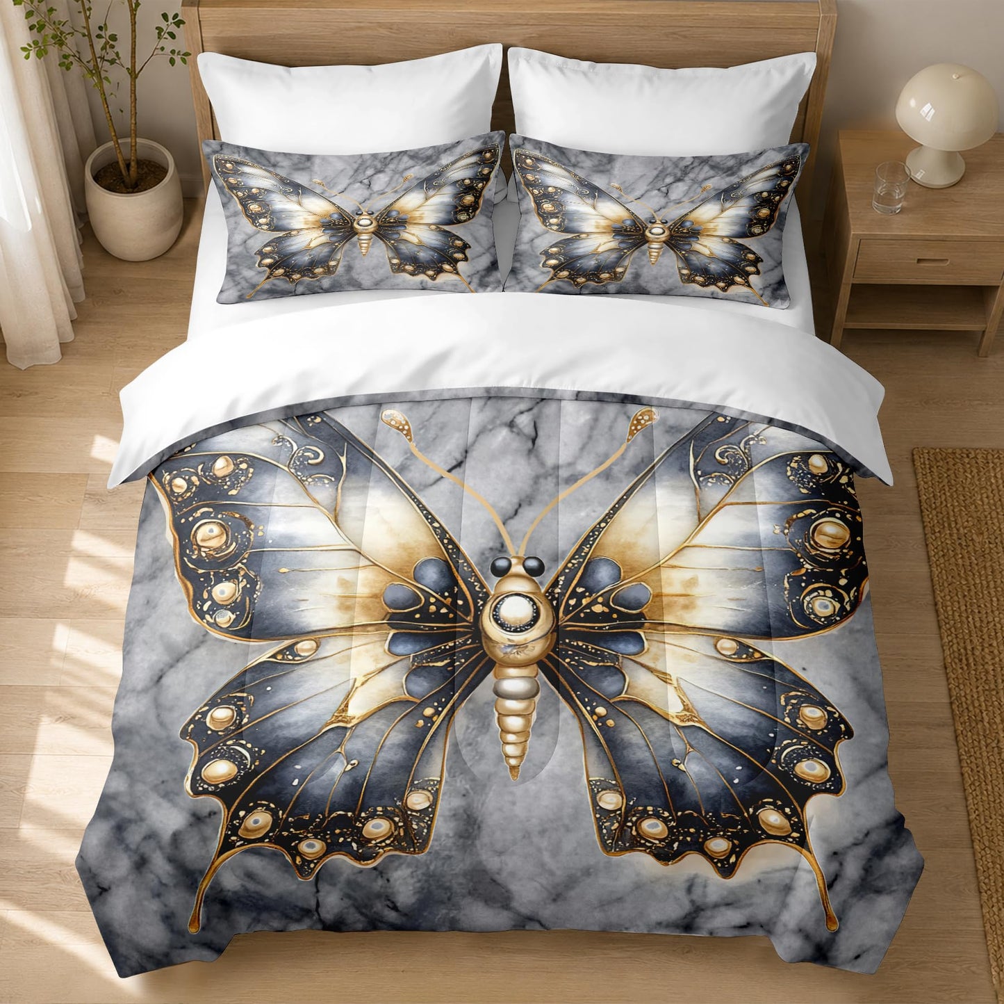 CCoutueChen Kids Butterfly Comforter Twin Size, Grey Marble Bedding Set, 2 Pcs Marble Texture Artistic Warm Microfiber Bed Set with 1 Pillowcase, 68"x86"
