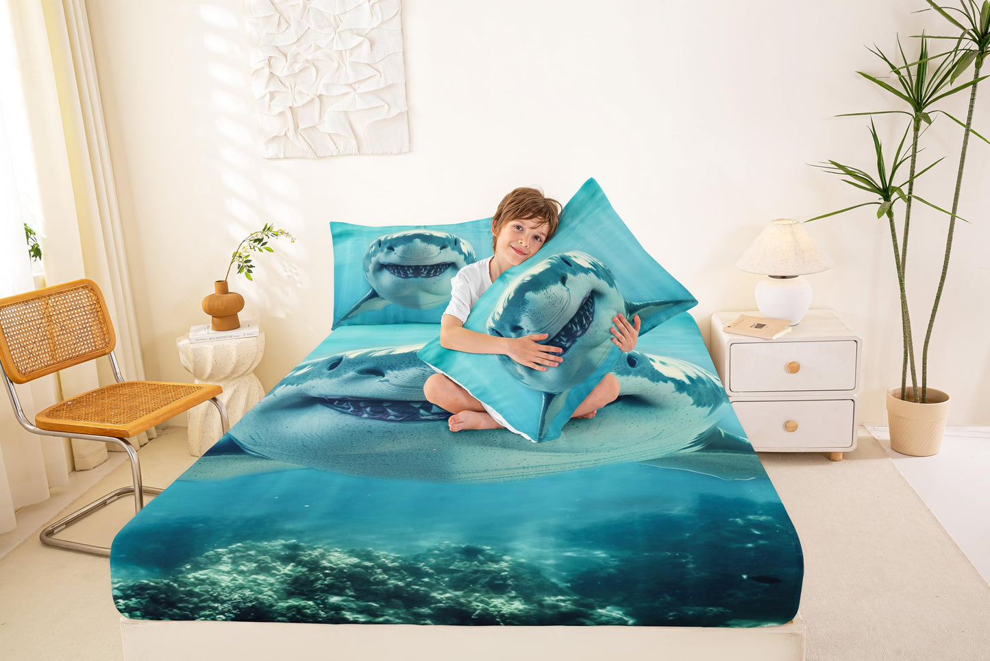 Shark Bedding Set Queen Size,3D Shark Bule Underwater World Deep Pocket Bed Sheet,Marine Life Fitted Sheet 3pcs for Youth Women Bedroom Decor,Ocean Animal Style Bed Sheets,2 Pillowcases,No Top Sheet