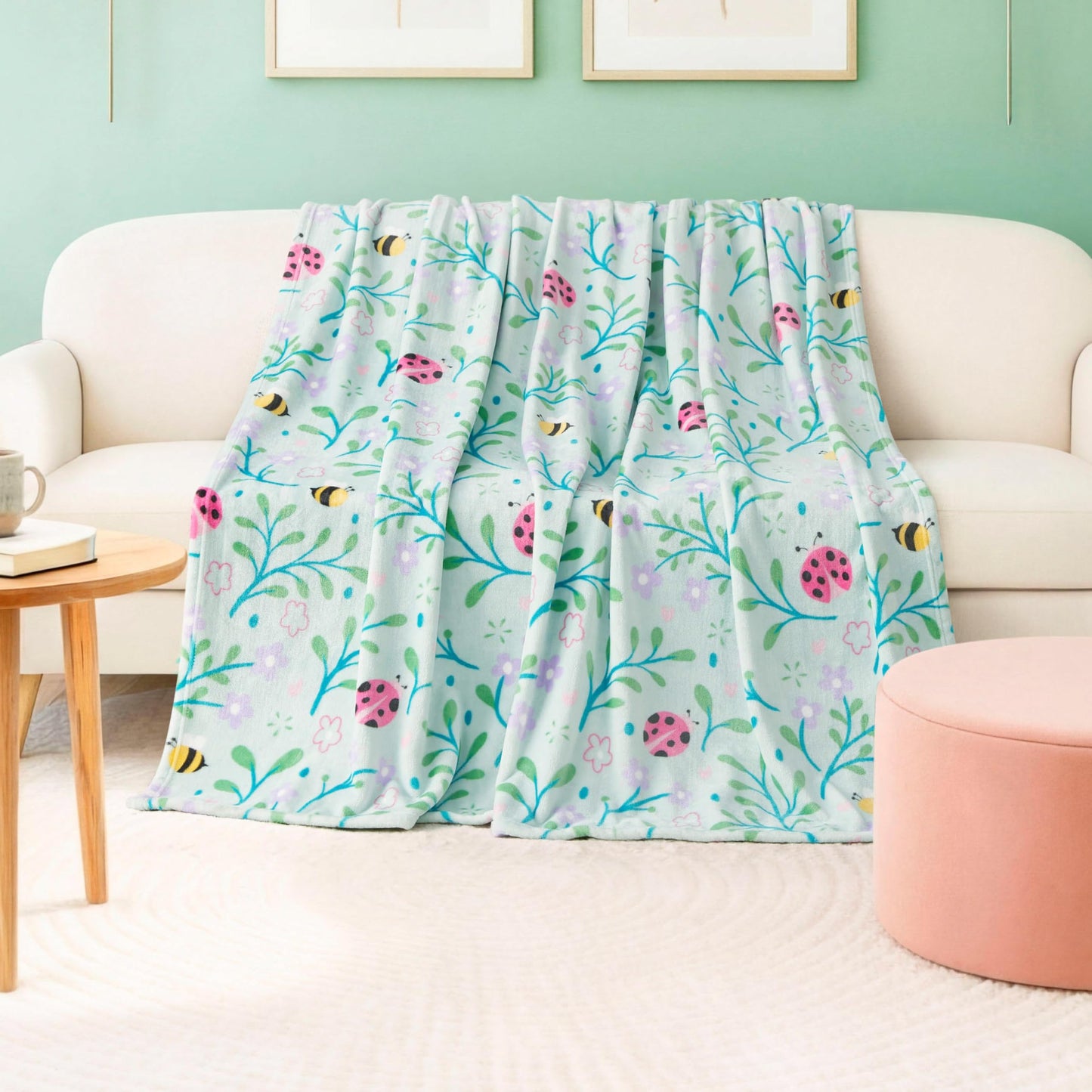 Creative Home Ideas Oversized Plush Throw Blanket 60" x 70", Bees and Lady Bugs