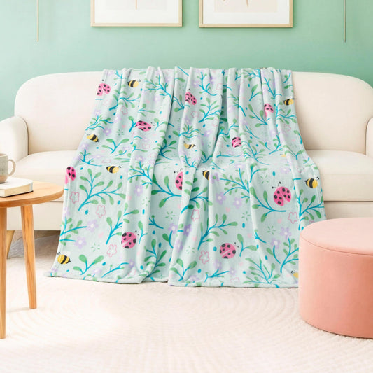 Creative Home Ideas Oversized Plush Throw Blanket 60" x 70", Bees and Lady Bugs