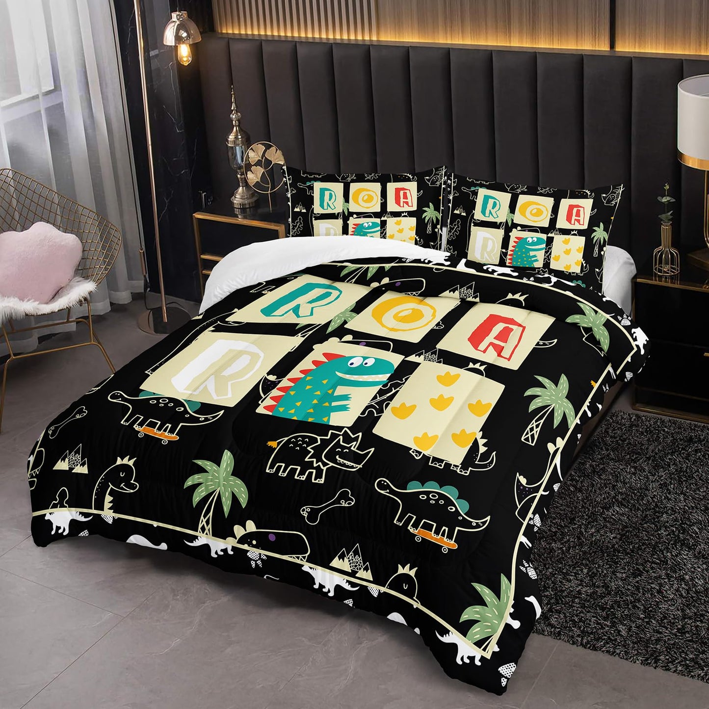 lneffble Kids Dinosaur Comforter Set Twin Size for Boys，Black Twin Size Dinosaur Bedding Sets for Boys with 1 Comforter with 2 Pillow Case