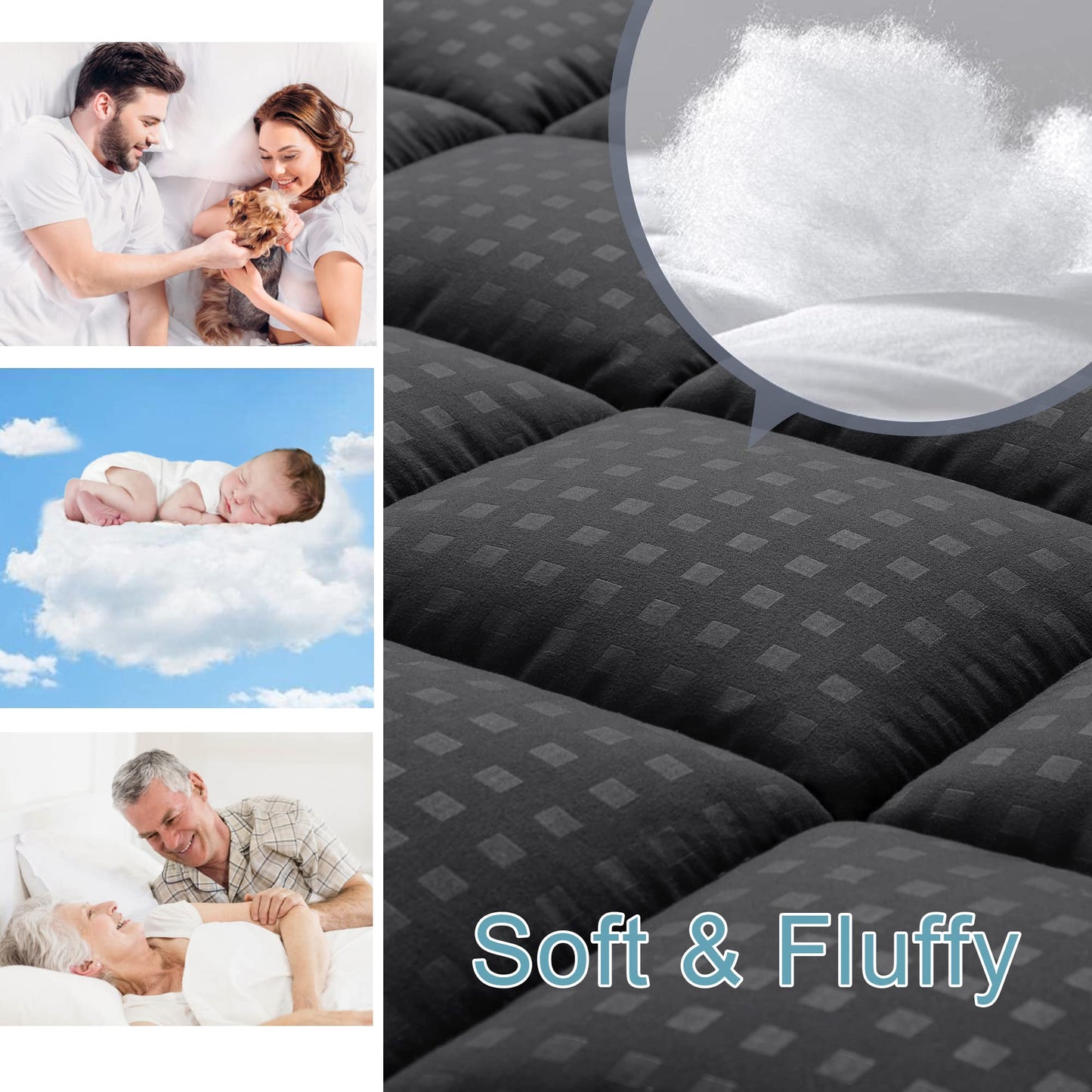 HYLEORY Twin Mattress Pad Quilted Fitted Mattress Protector Cooling Pillow Top Mattress Cover Breathable Fluffy Soft Mattress Topper with 8-21" Deep Pocket, Black