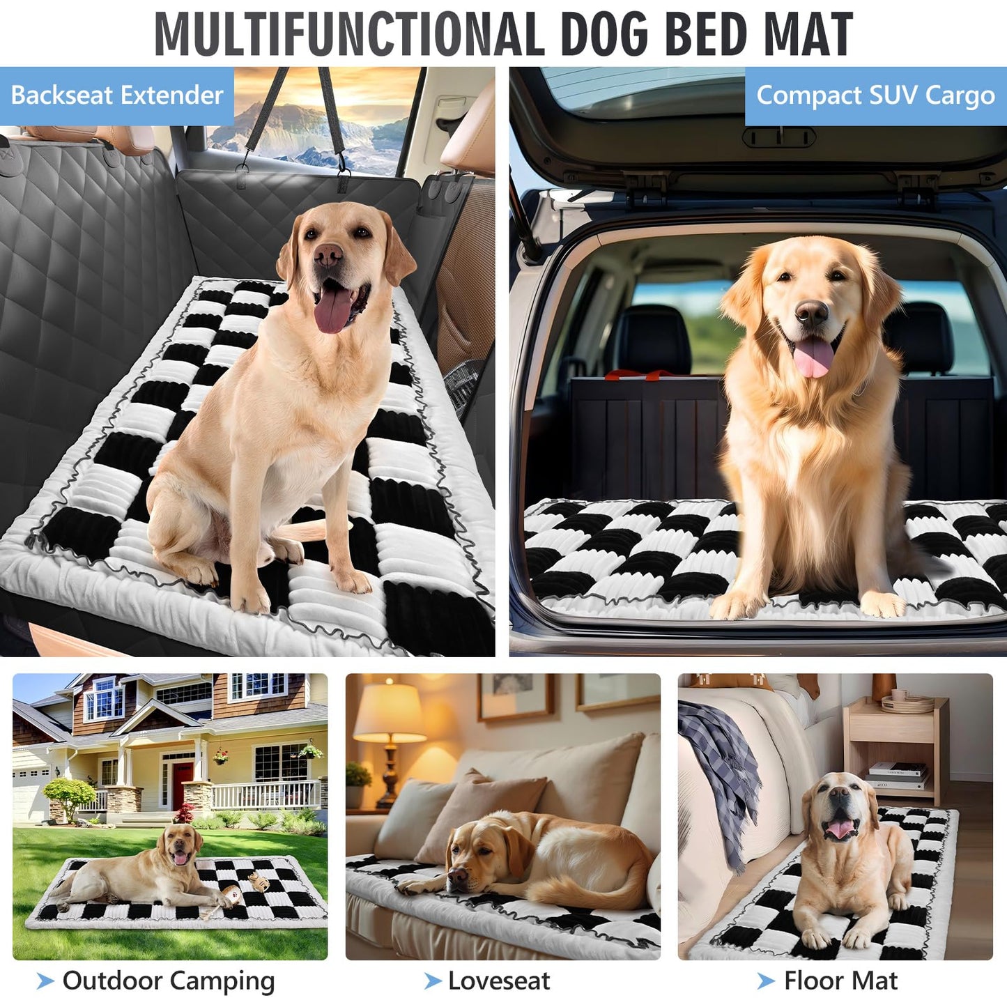 ROUWINNE Backseat Dog Bed Non-Slip, Dog Bed for Car Back Seat Soft and Comfortable, Back Seat Pet Bed Mat for Travel, Pet Car Blanket for Backseat Extender and Seat Covers Checkered (51”X 23.5”)
