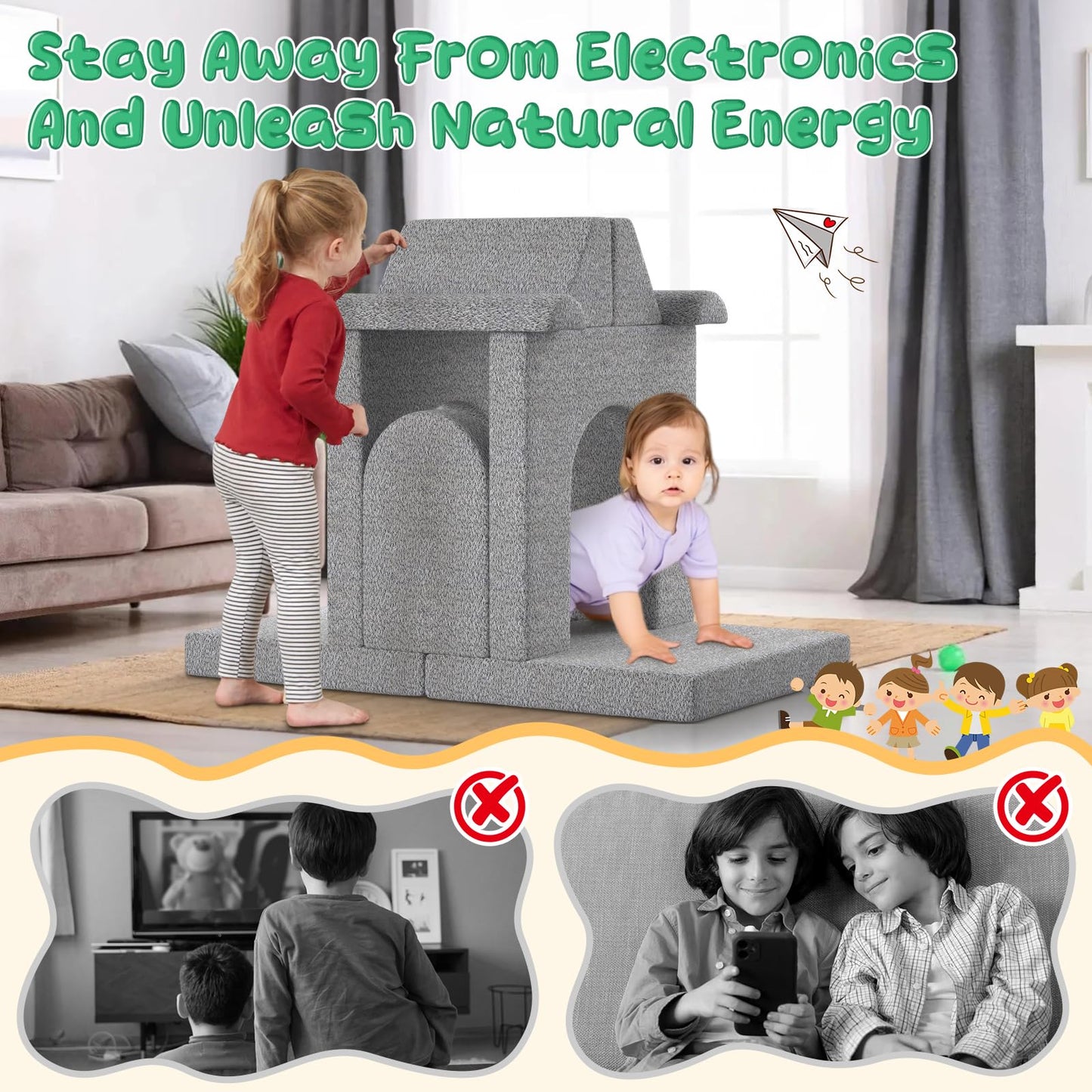 GoFujuco Modular Kids Play Couch with Washable Covers – Foam Toddler Sofa for Creative Play, Climbing, and Lounging – Convertible Kid Sofa Play Furniture for Kids Room or Nursery (Grey)