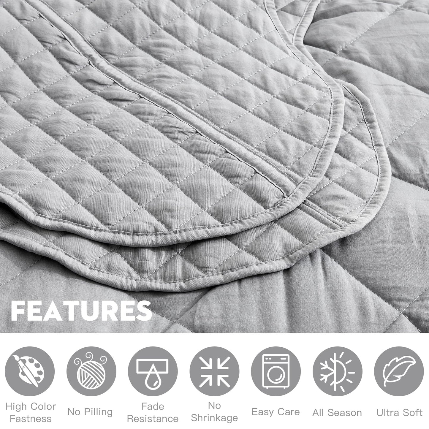 Blythease Oversized King Bedspread, Clipped Jacquard Diamond Quilt Set King/Cal King, Lightweight Tufted Reversible Coverlet, Scalloped Edge - Shabby Chic Boho Look, 3 Piece, Grey