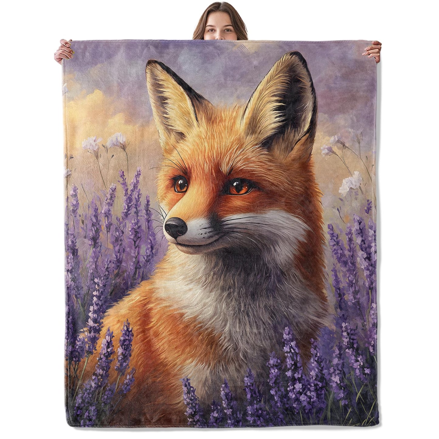 Lugiu Elegant Fox Blanket, Lightweight Comfy Lavender Field and Wildlife Throw for Couch Sofa Bedroom, Soft Cozy Travel Flannel Cute Romantic Blankets Gifts for Women Girls Kids, Home Decor 60×50in