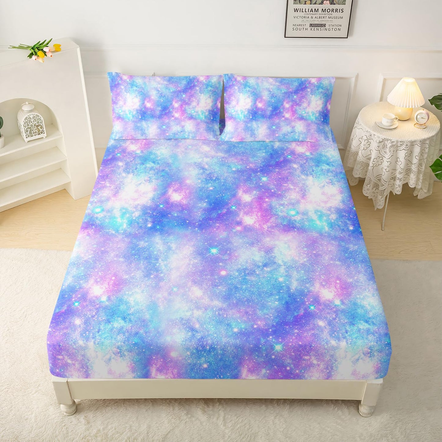 QOOMO Starry Sky Sparkles Bedding for Boys and Girls Tie Dye Print Silky Soft Microfiber Bed Sheets Blue Shining Star Super Soft Queen Size 1 Fitted Sheet, 1 Flat Sheet, 2 Pillow Cases