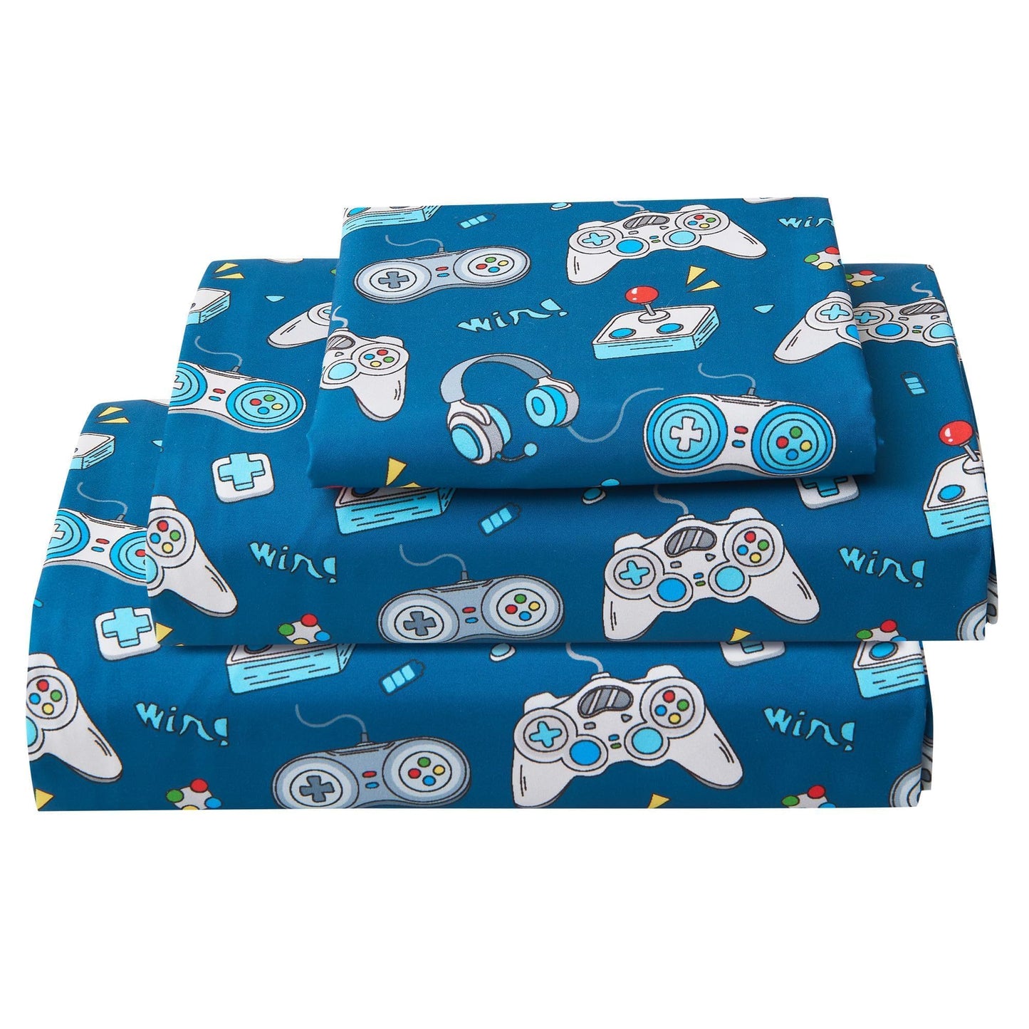 Softan Kids Bed Sheet Set, 4-Piece Full Size Sheets, Microfiber Fitted Sheet with 15 Inches Deep Pocket and Corner Straps, Breathable & Silky Soft Game Controller Printed Sheet and Pillowcase Sets