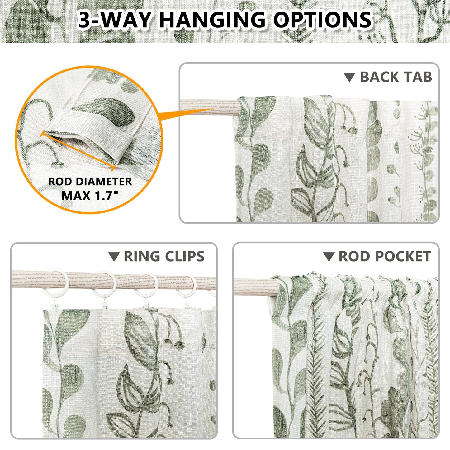 MEETSKY Sage Green Curtains 84 Inches Long 2 Panels Boho Curtains for Living Room Light Filtering Patterned Drapes for Bedroom Linen Style Back Tab Leaf Print Window Treatment, 50” Wide Each Panel