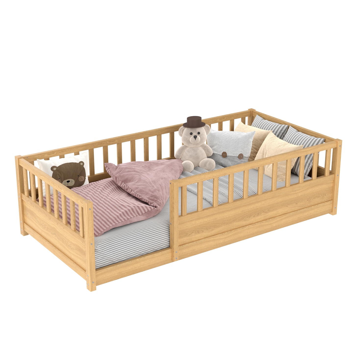 Leholume Twin Size Floor Bed with High Safety Guardrail - Solid Wood Low Profile Frame with Slats, Children's Floor Bed Frame, Easy Assembly for Kids, Natural