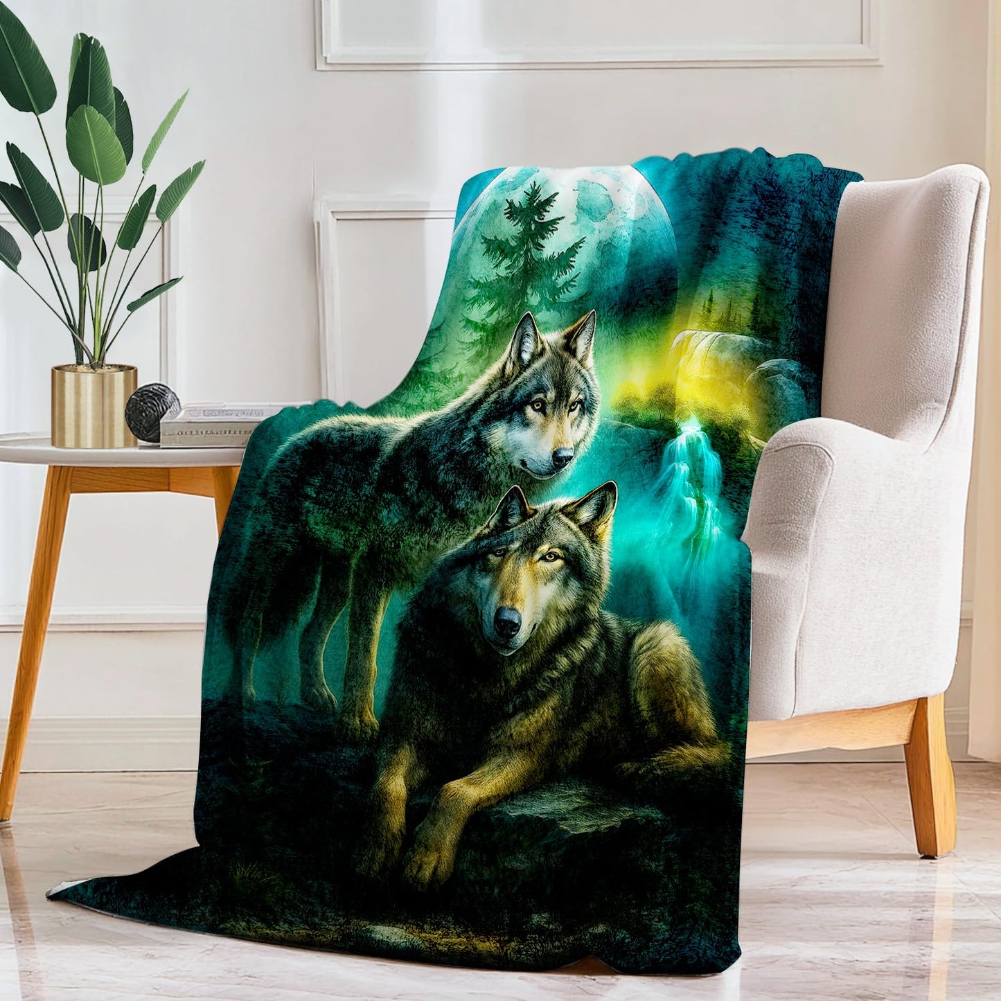 Wolf Blanket Blue-Green Wolf Fleece Throw Blanket Super Soft Fuzzy Plush Cozy Warm Wolves Decor Stuffed Bedding Blankets Gift for Boys Girls Men Women Kids & Adult 50"X40"