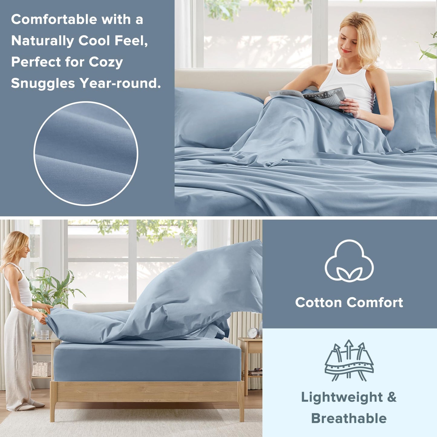 Comfort Spaces 100% Cotton Sheet Set Breathable, Lightweight, Soft with 12" Elastic Pocket Fits up to 14" Mattress, All Season Cozy Bedding, Matching Pillow Case, Twin XL Blue 3 Piece