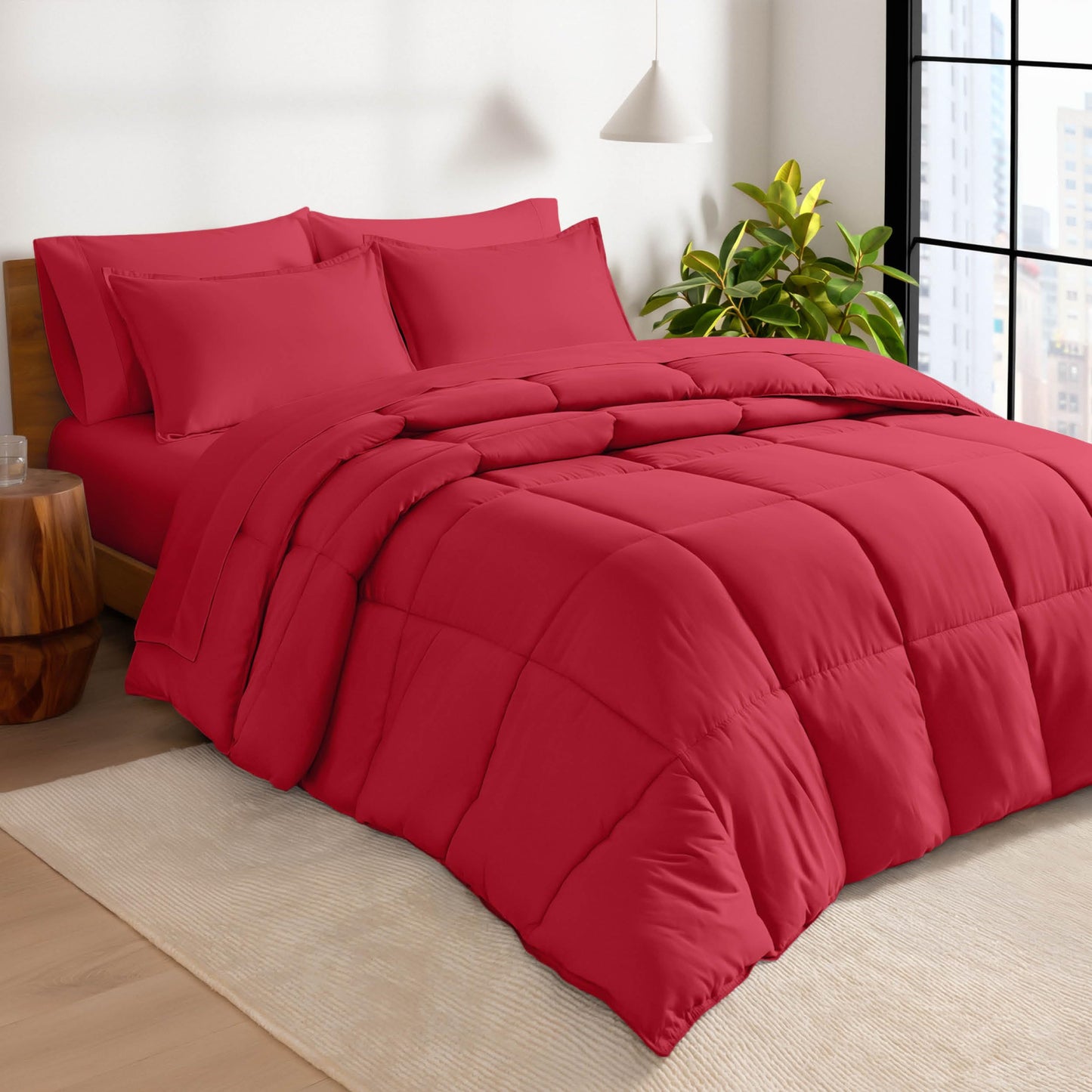 Bare Home Bed-in-A-Bag 7 Piece Comforter & Sheet Set - Full XL - Goose Down Alternative - Ultra-Soft 1800 Premium Bed Set (Full XL, Red/Red)