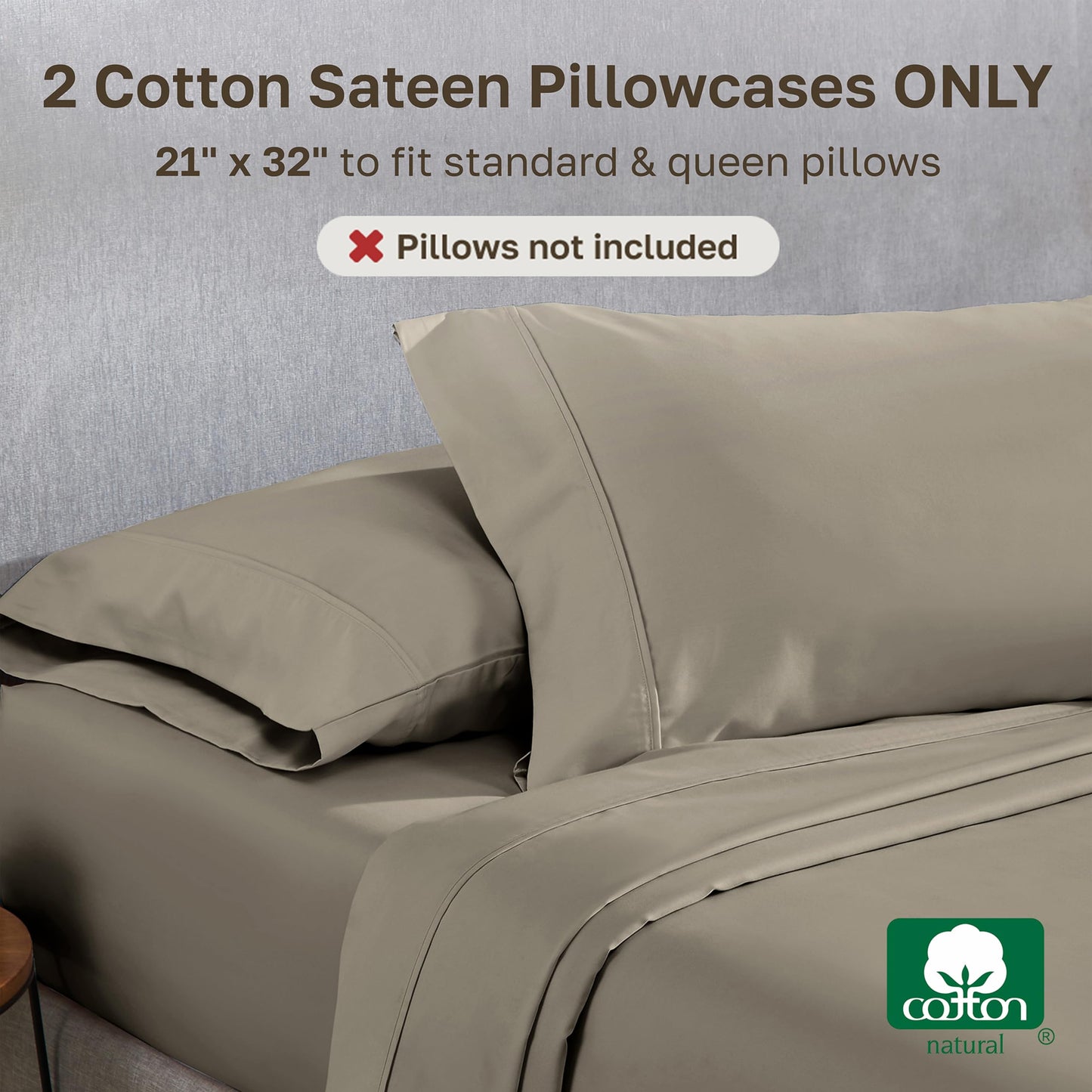 California Design Den Standard Queen Size Pillowcase Set - 400 Thread Count, 100% Cotton Sateen, Set of 2 Pillow Covers, Soft and Breathable - Taupe