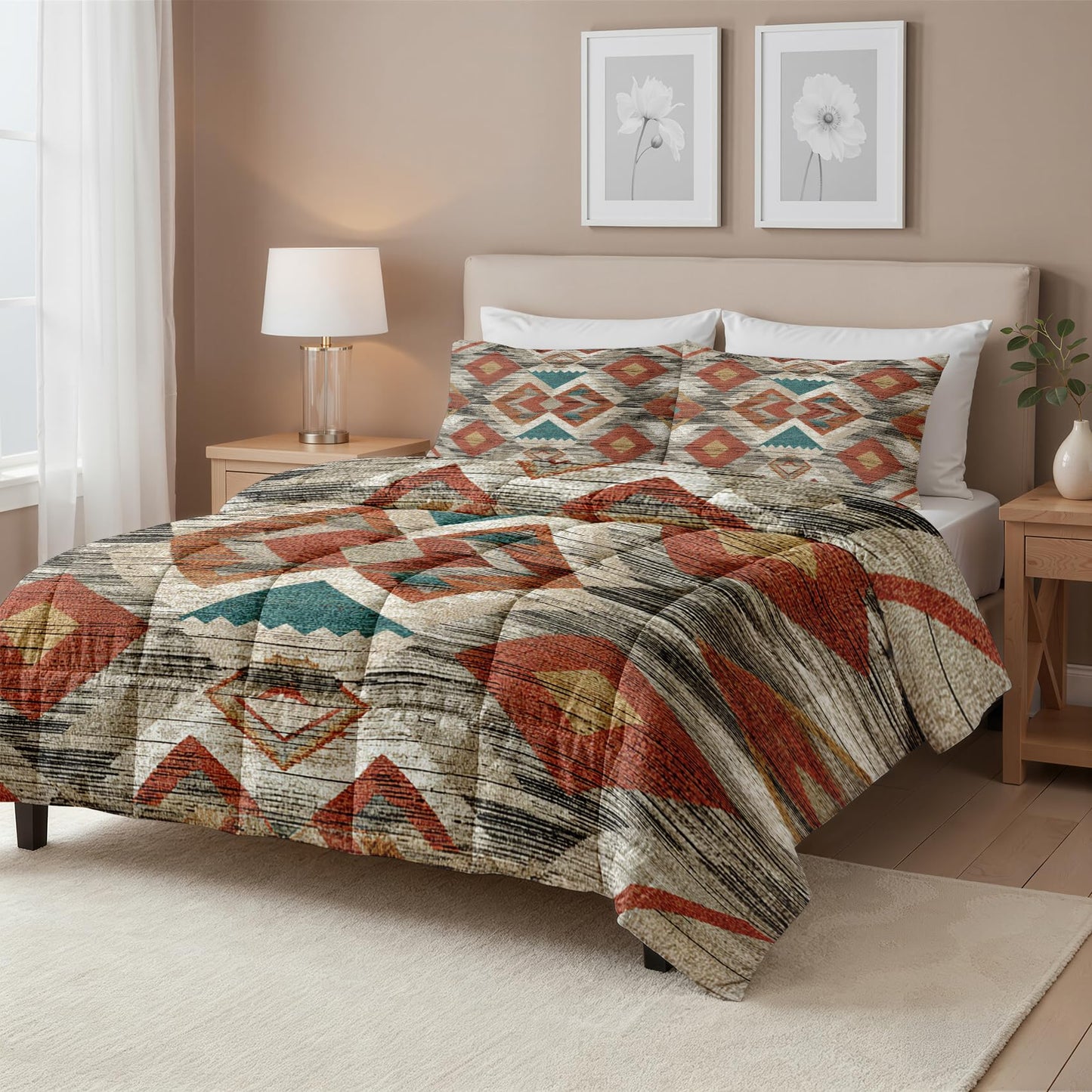 Southwestern Comforter Queen Size - 3 Pcs Bed Set, All Season Duvet Insert & 2 Pillowcases, Native American Bedding Set, Soft Lightweight Down Alternative Comforter, Geometric Bedroom Decor