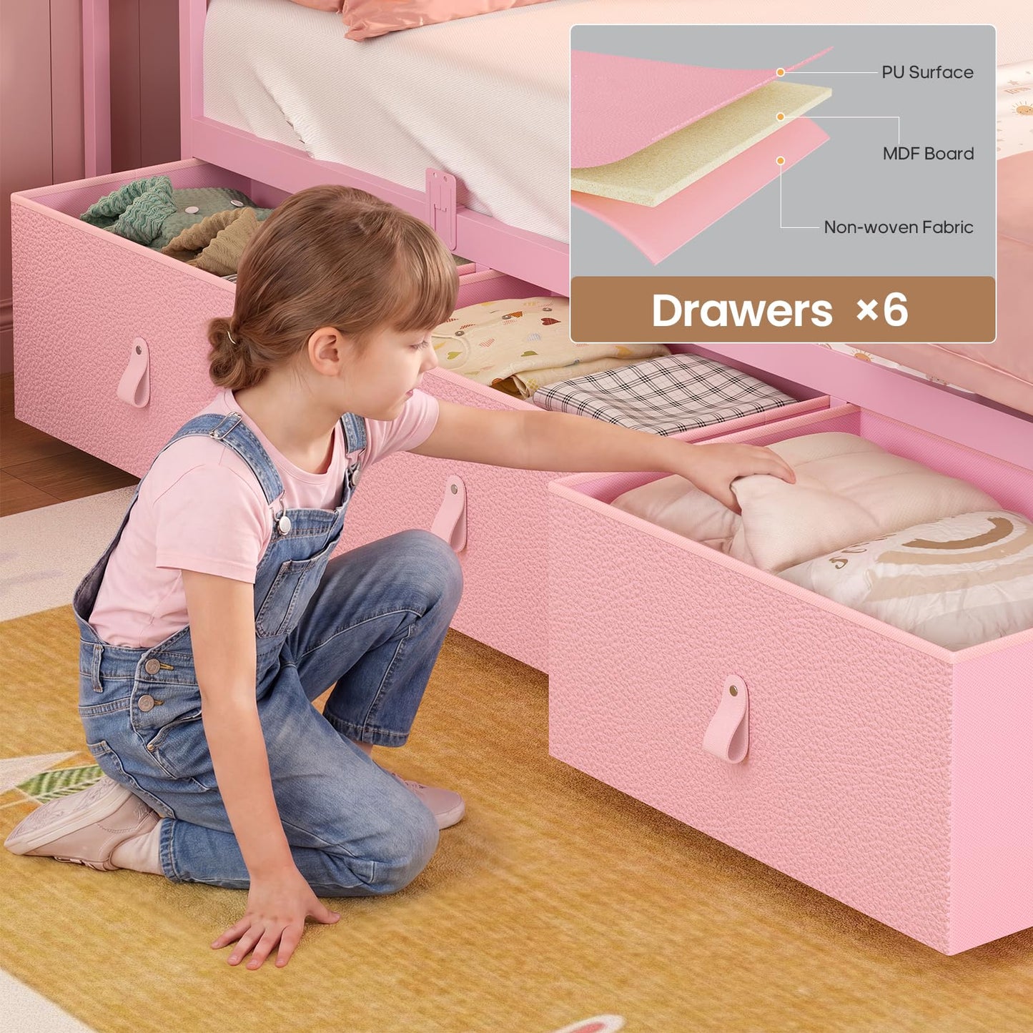 ADORNEVE Twin Bed Frame with 6 Drawers & LED Lights for Girls, Pink
