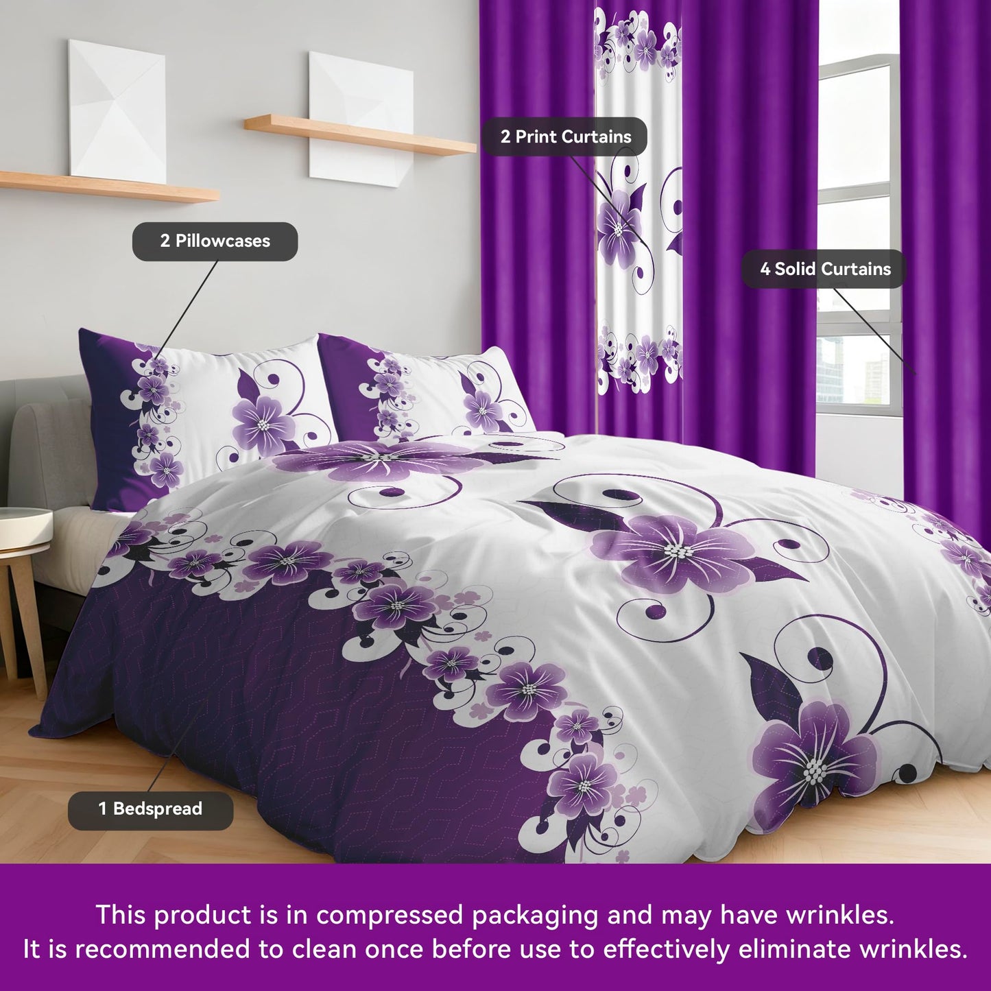 Deepsleep King Bedspread Set 9 Pieces, All Season Luxury Bed in a Bag for Bedroom, with 2 Pillowcases and 6 Curtains, Ultra-Soft Microfiber for Complete Bedroom Decor, Purple Gardenia Flower